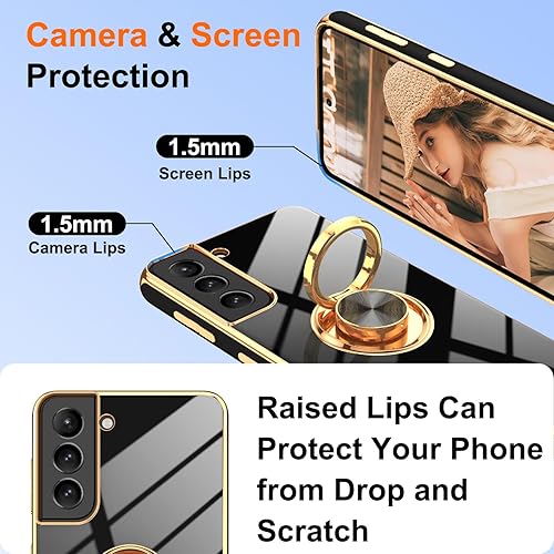 Miniatura 4 de Funda Gritup para Samsung Galaxy S21 con 2 protectores de pantalla, soporte de anillo con rotación de 360, soporte magnético plegable, borde chapado