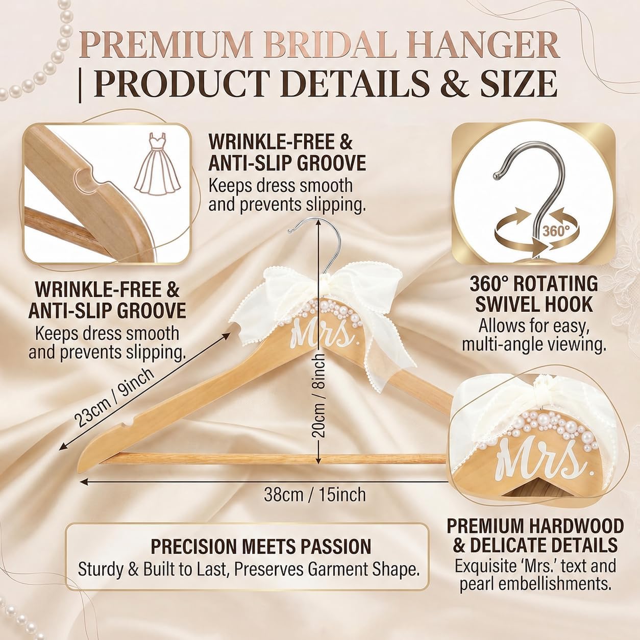 Wedding Dress Hanger for Bride, Natural Wood Bridal Hanger with Smooth Finish, Sturdy Keepsake for Wedding Day, Bridal Shower and Bridesmaid Accessories, Light Brown, 1 Pack | Natural wood Mrs. bridal hanger with white bow and faux pearls for wedding dress display, bridal showers, and keepsakes