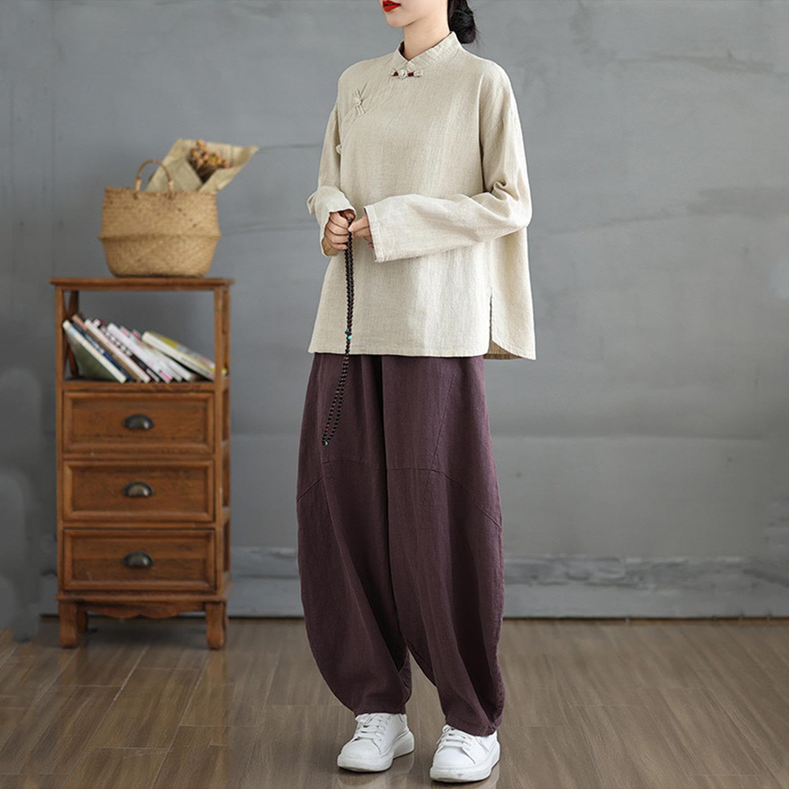 Damen Kung-Fu-Anzug aus Baumwolle und Leinen, Chinesische Kampfkunst-Uniform, Meditationsanzug, Langärmeliges Hemd und Hose,Apricot-XXL