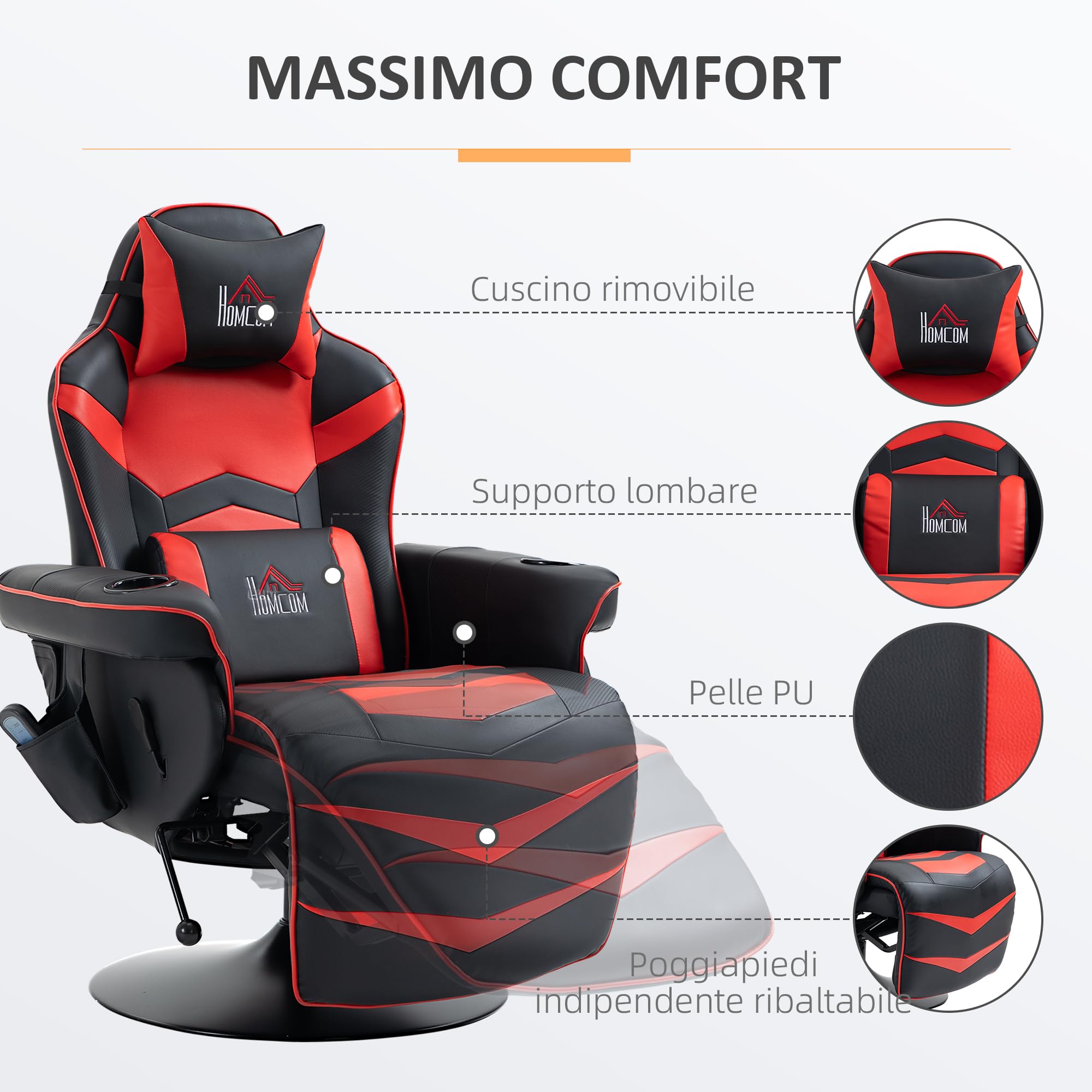 HOMCOM Sedia da Gaming Massaggiante e Reclinabile con Poggiapiedi, Portabicchieri e Cuscino, Sedia Ergonomica in Finta Pelle, Acciaio, 79.5x82.5x111.5 cm, Nero e Rosso