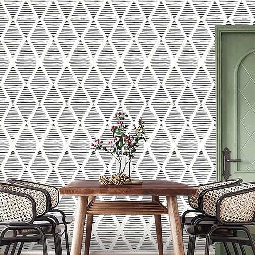 Miniatura 4 de Papel tapiz blanco y negro para despegar y pegar de 17.7 x 120 pulgadas, papel de contacto moderno a rayas, papel de pared de rombos, papel de