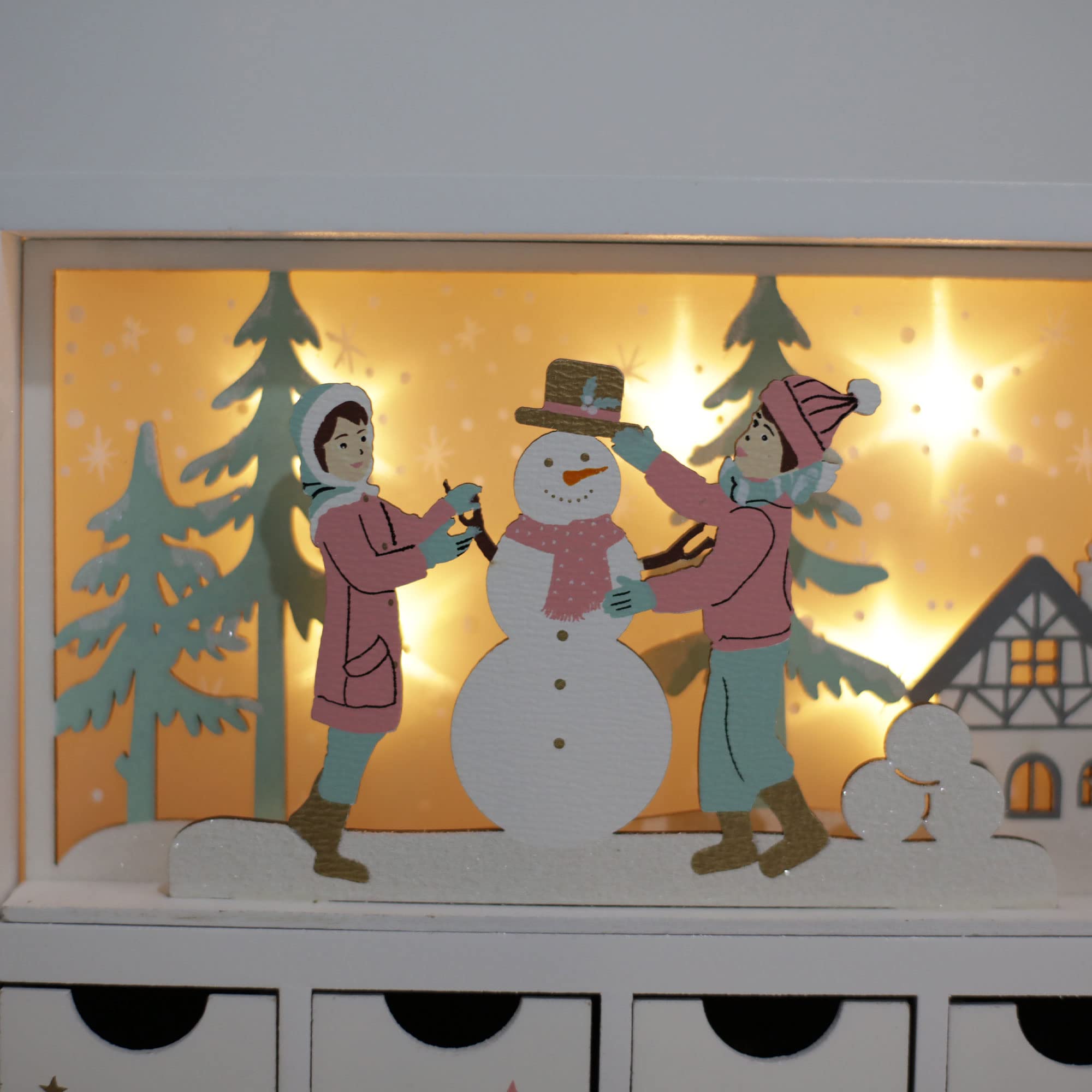 PE Calendario de Adviento de madera de Navidad con cajones, escena de invierno, calendarios rellenables con luz LED, decoración de cuenta regresiva para adultos y niños (blanco)