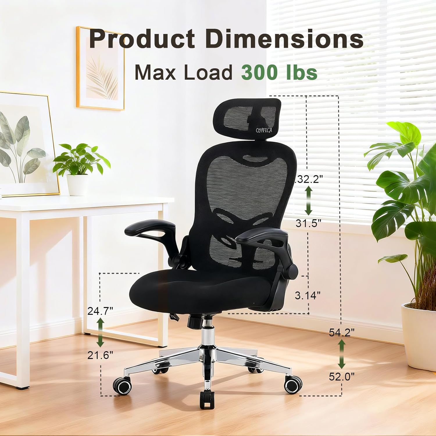 Office Chair,Home Desk Office Chair for Comfortable Home Office and Study, High Back Mesh Computer Chair with Adjustable Lumbar Support, Headrest and Armrests (Black, 4007)