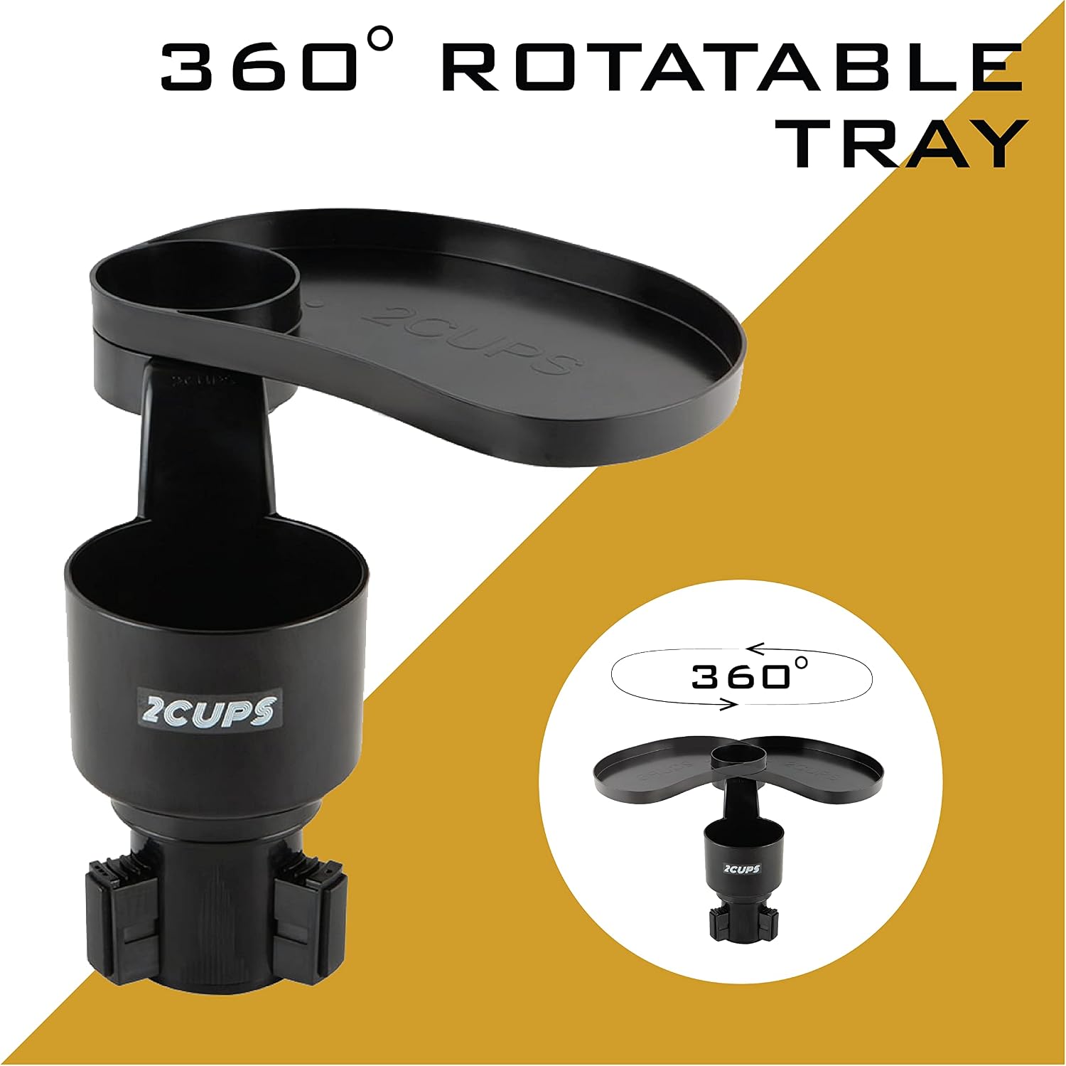 2CUPS Car Cup Holder Expander and Attachable Tray, Fits Yeti/Hydroflasks/Nalgene 16-40 oz. Dual Cup Holder with Adjustable Swivel Tray. Organizer Table for car, Truck, Automotive