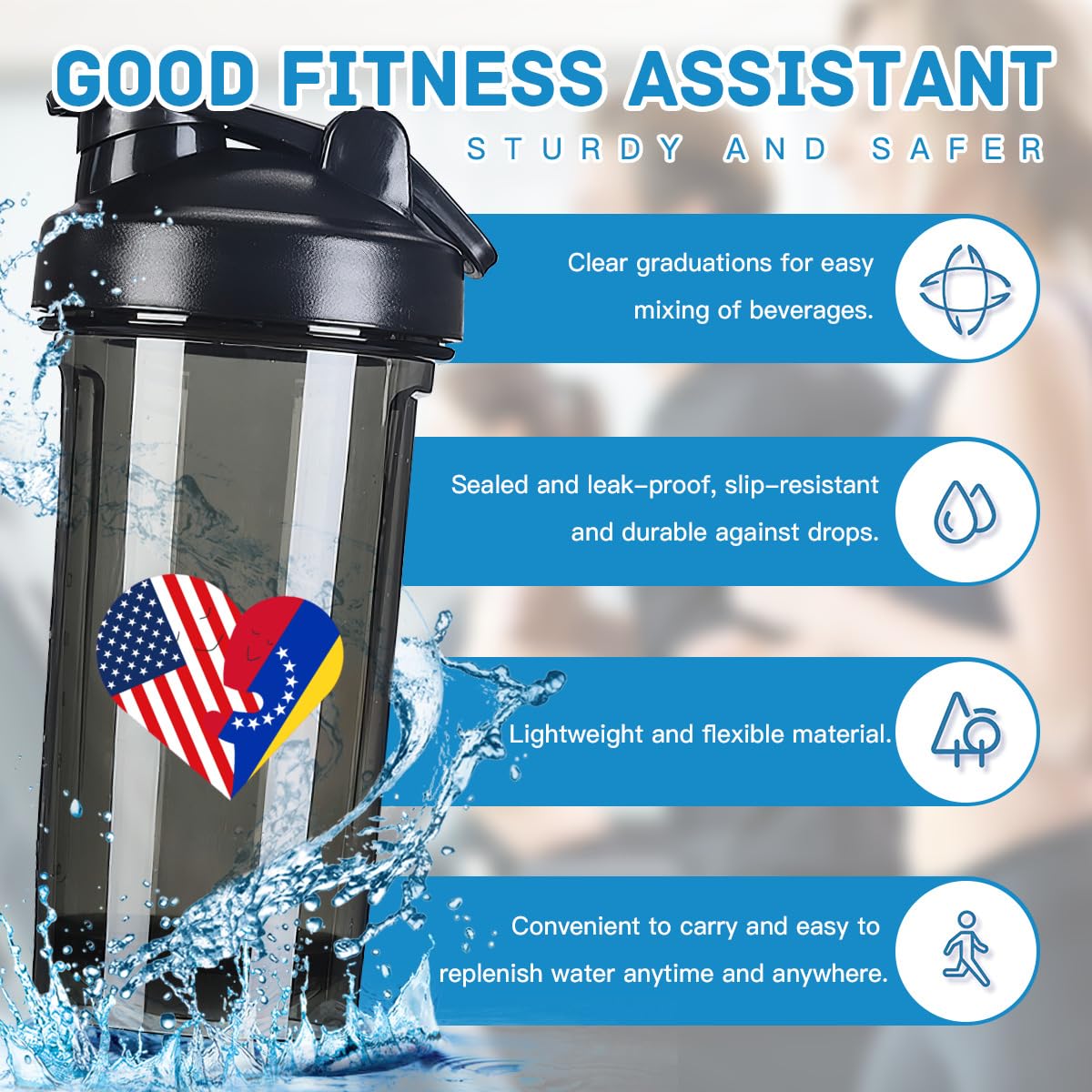 Hearts America USA and Venezuelans Flag 18 Ounce Shaker Cup,Fashion Theme Pattern Shaker Bottle Leak-proof Workout Shake Bottles 500ML/18 oz Perfect for Pre Workout
