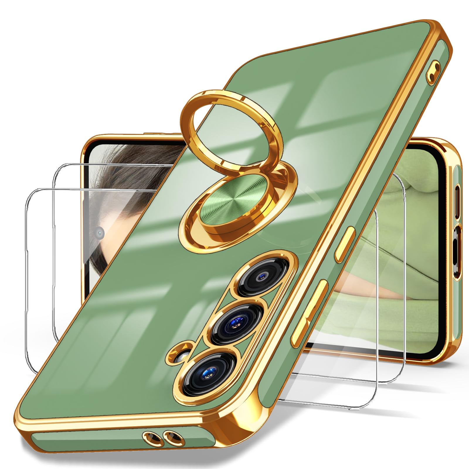 Dretal for Samsung Galaxy S24 FE 5G Case, 2X Tempered Glass Screen Protector, 360° Rotatable Ring Holder Magnetic Kickstand,Plated Gold Edge Slim Soft