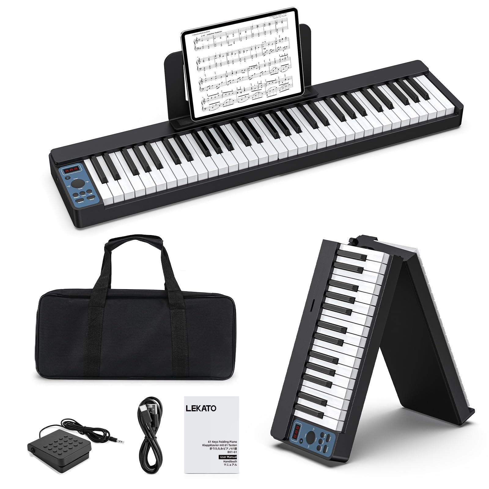 LEKATO Tastiera elettronica pieghevole con 61 tasti, tastiera pieghevole a 61 tasti con sensibilità al tocco, ricaricabile, Bluetooth MIDI, custodia, per principianti/appassionati di musica/bambini