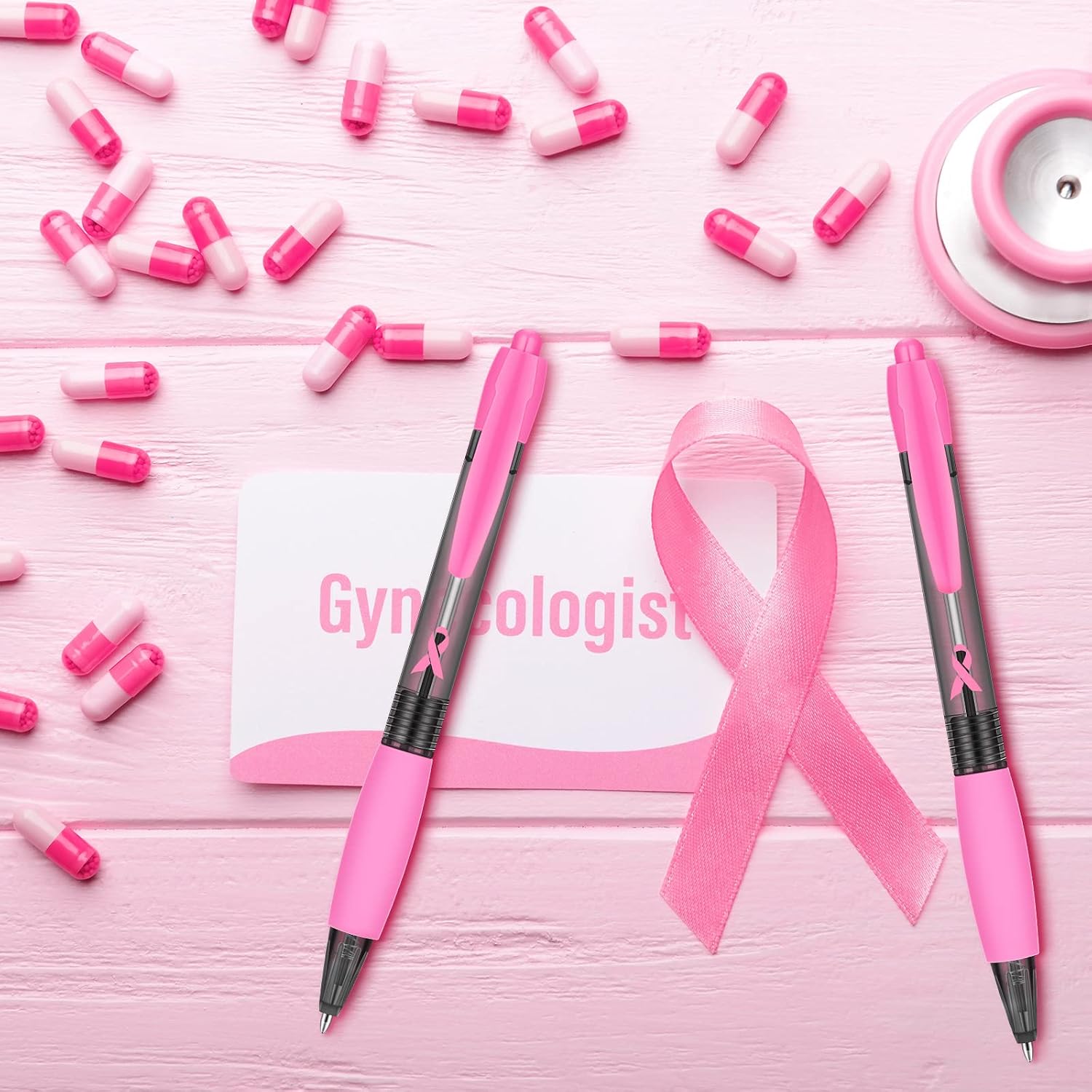Geosar 100 Pcs Breast Cancer Awareness Ribbon Pens, Black Ink