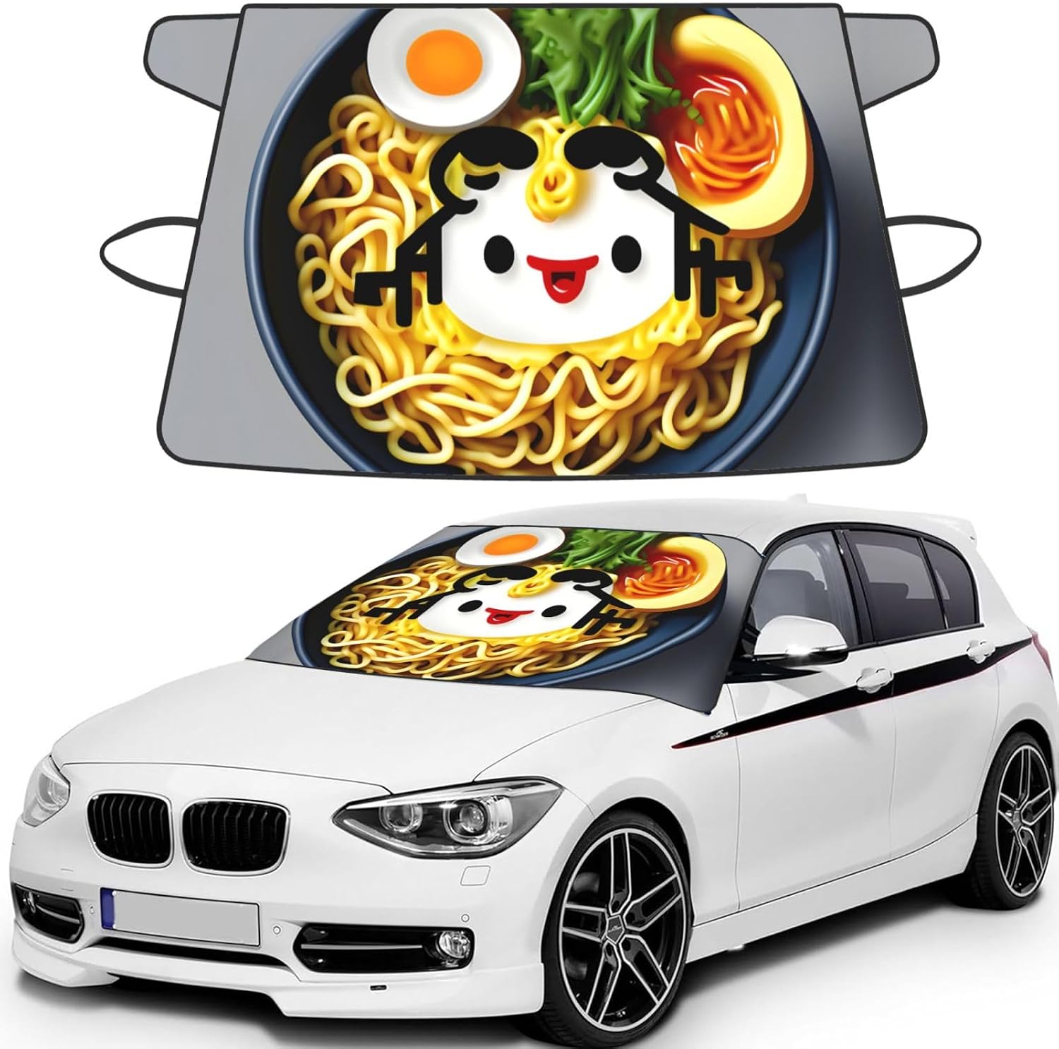 Egg Cup Noodle Ramen Print Car Cover for Snow All-Season Windshield Cover with Elastic Strap Fits Most Cars and Trucks