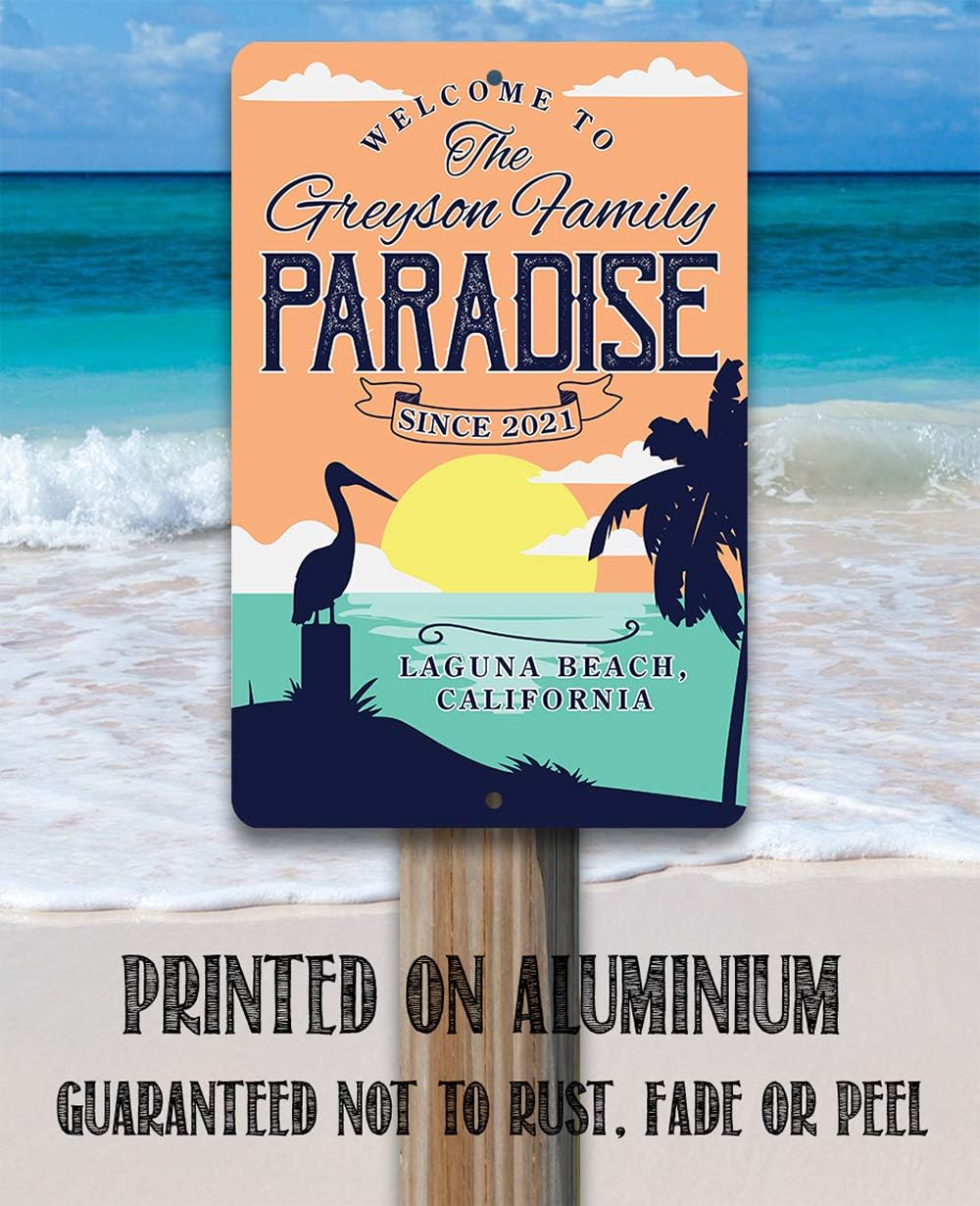 Personalized - Welcome To Paradise - Lake House and Beach House Welcome Sign, Custom Sun Palm Tree Birds Art Print, Beach Theme Display and Gift, 8x12 or 12x18 Indoor or Outdoor Durable Metal Sign