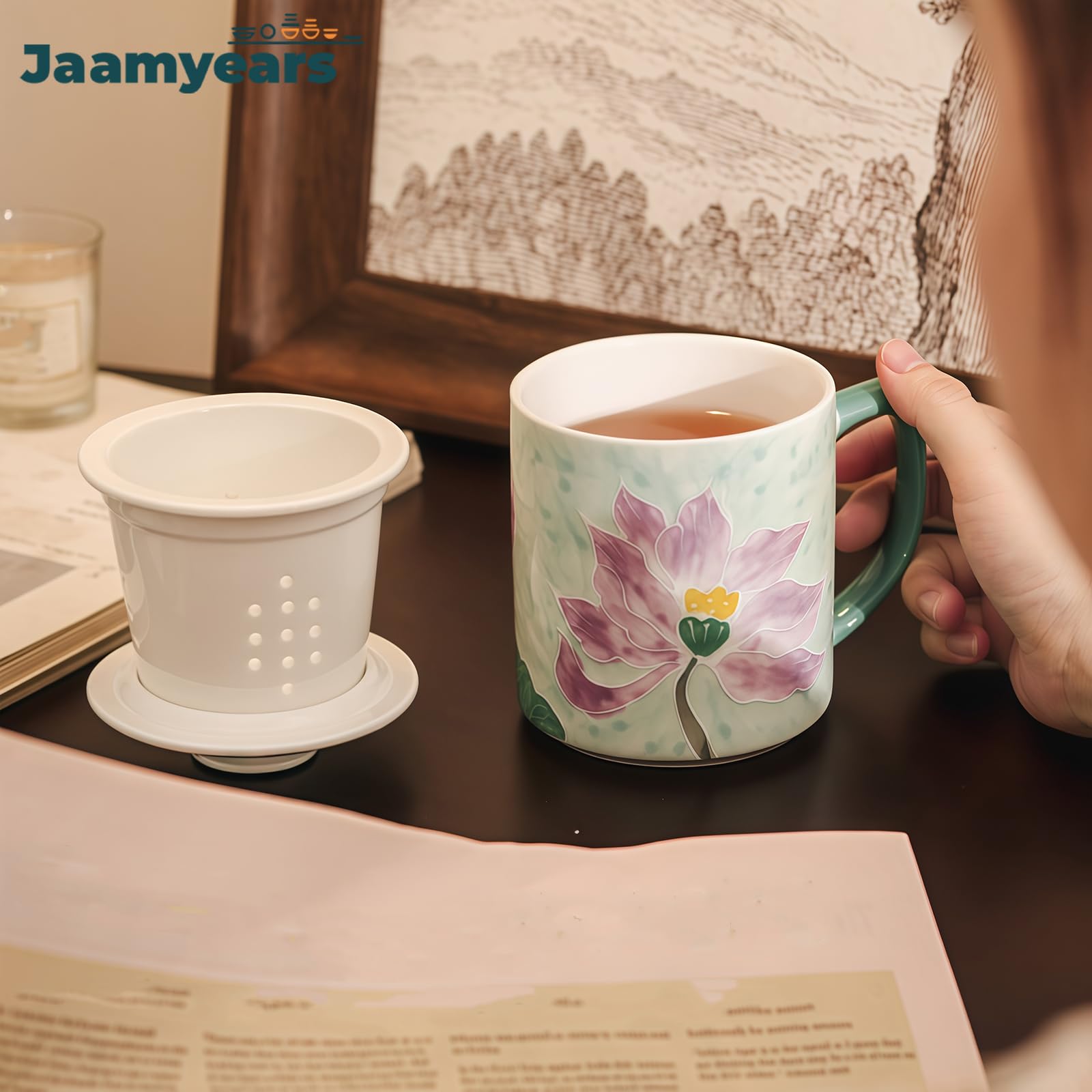 Taza de té con infusor y tapa, taza de té de cerámica de hojas sueltas, capacidad de 400 ml para entusiastas del café y el té