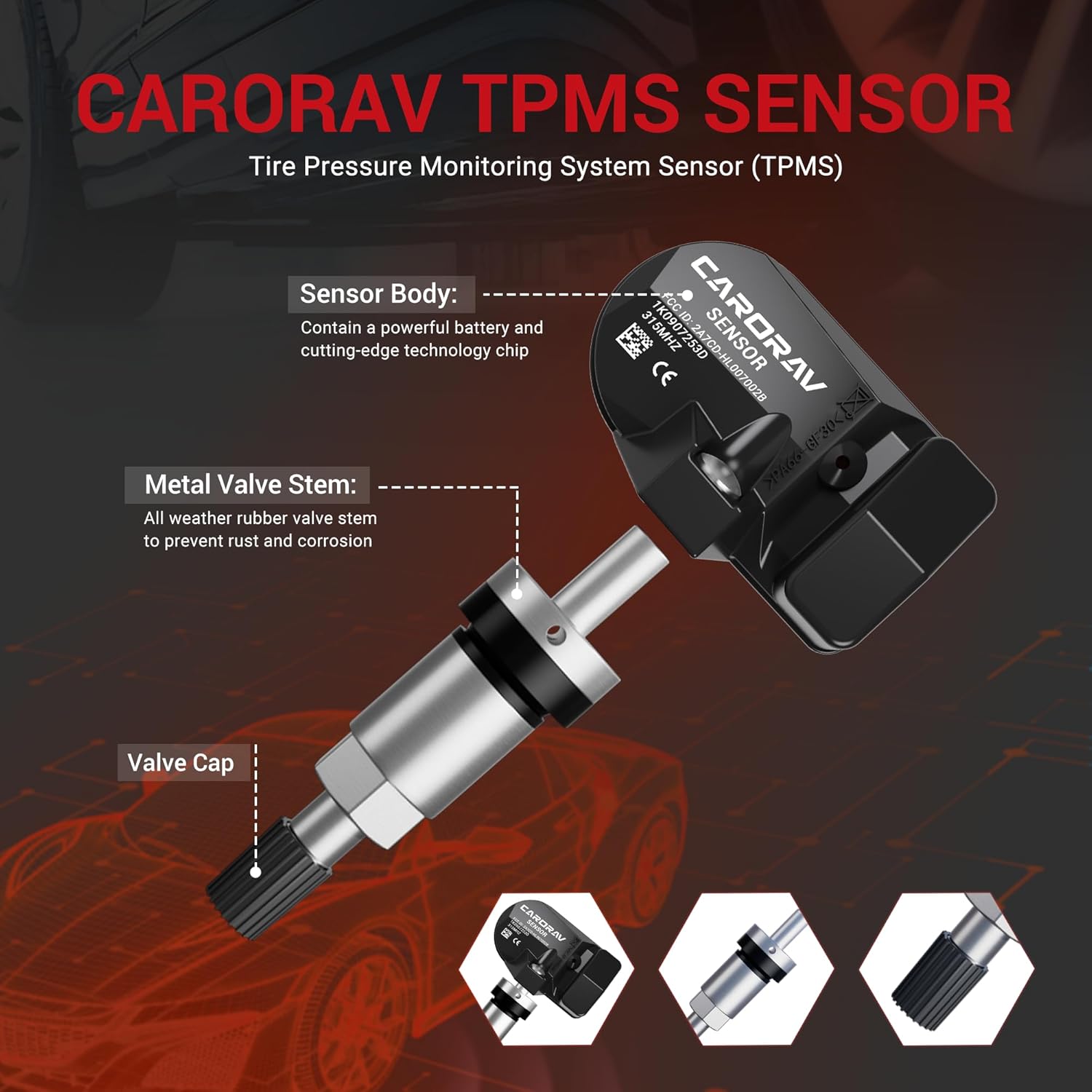 TPMS Sensor, 315Mhz Tire Pressure Monitoring System Sensor for Audi Volkwagen Jetta Golf Rabbit Replaces 1K0907253E 1K0907253D 4 Pack - 4 Replaceable Valve Stems