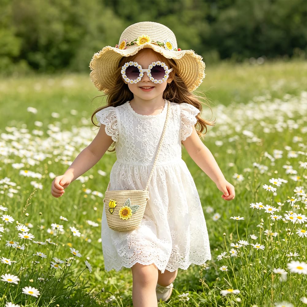 Girasoles Sombrero de Paja Niñas, Gorra de Sol Chica y Bolsa de Paja Set Gorro de Playa Gafas de Sols Playa de Verano Sombrero Mini Bolsa Cruzada de Pajas Sombreros para Viaje Beach Piscina(Beige)