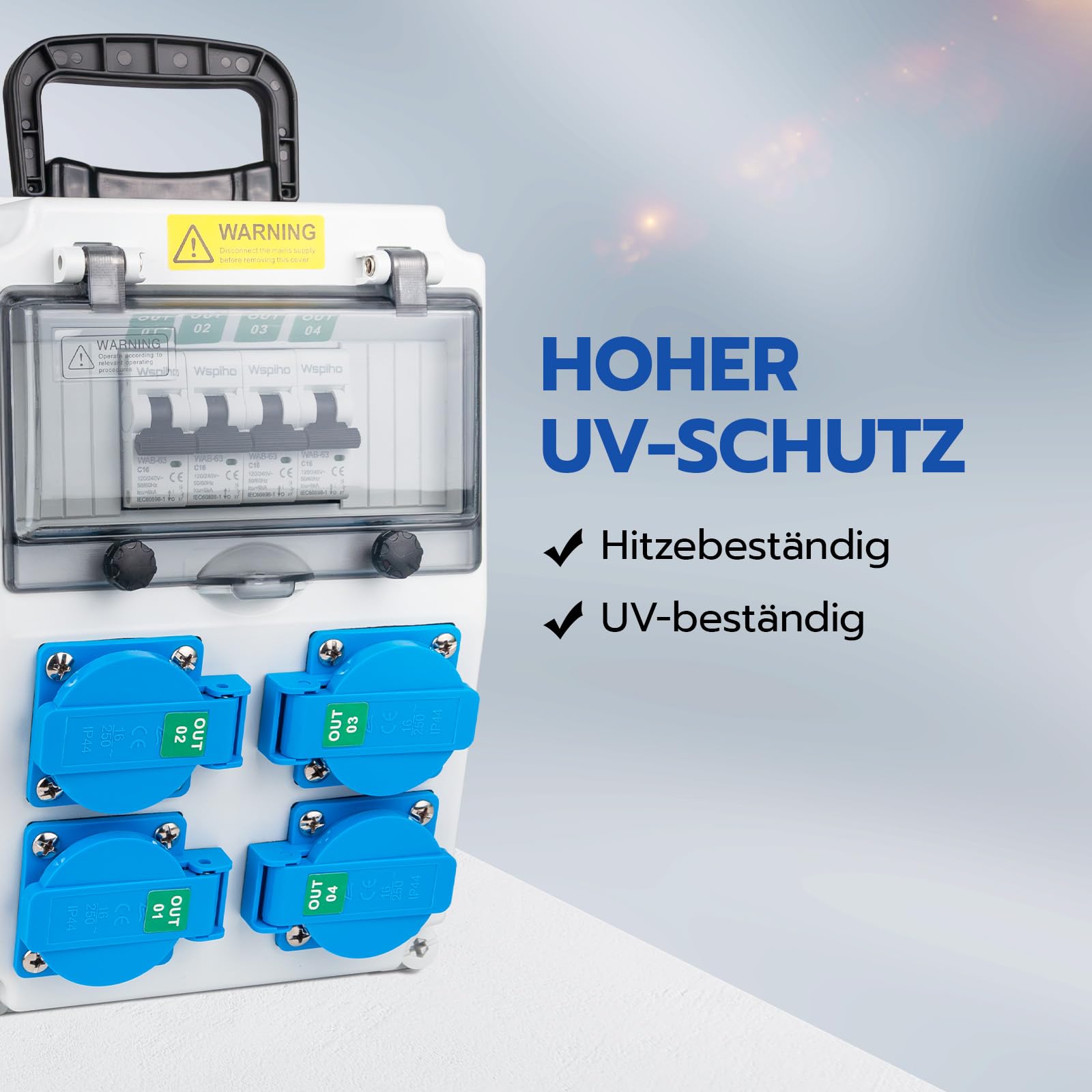 Baustromverteiler 16 A mit 1 Polig Leitungsschutzschalter,Wandverteiler mit 16 A Steckdose,Starkstrom verteiler Stromverteiler mit Griff für Außenbereich Baustrom (4×16A 1P LS mit Griff)