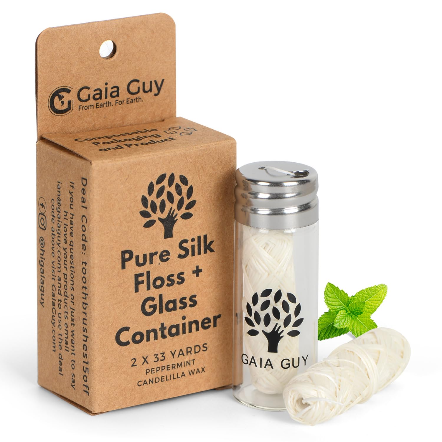 Natural Silk Dental Floss with Refillable Glass Container | Free Refill | Natural Candelilla Wax | 33yds x 2 | Peppermint | Eco-Friendly Zero Waste Oral Care (Peppermint)