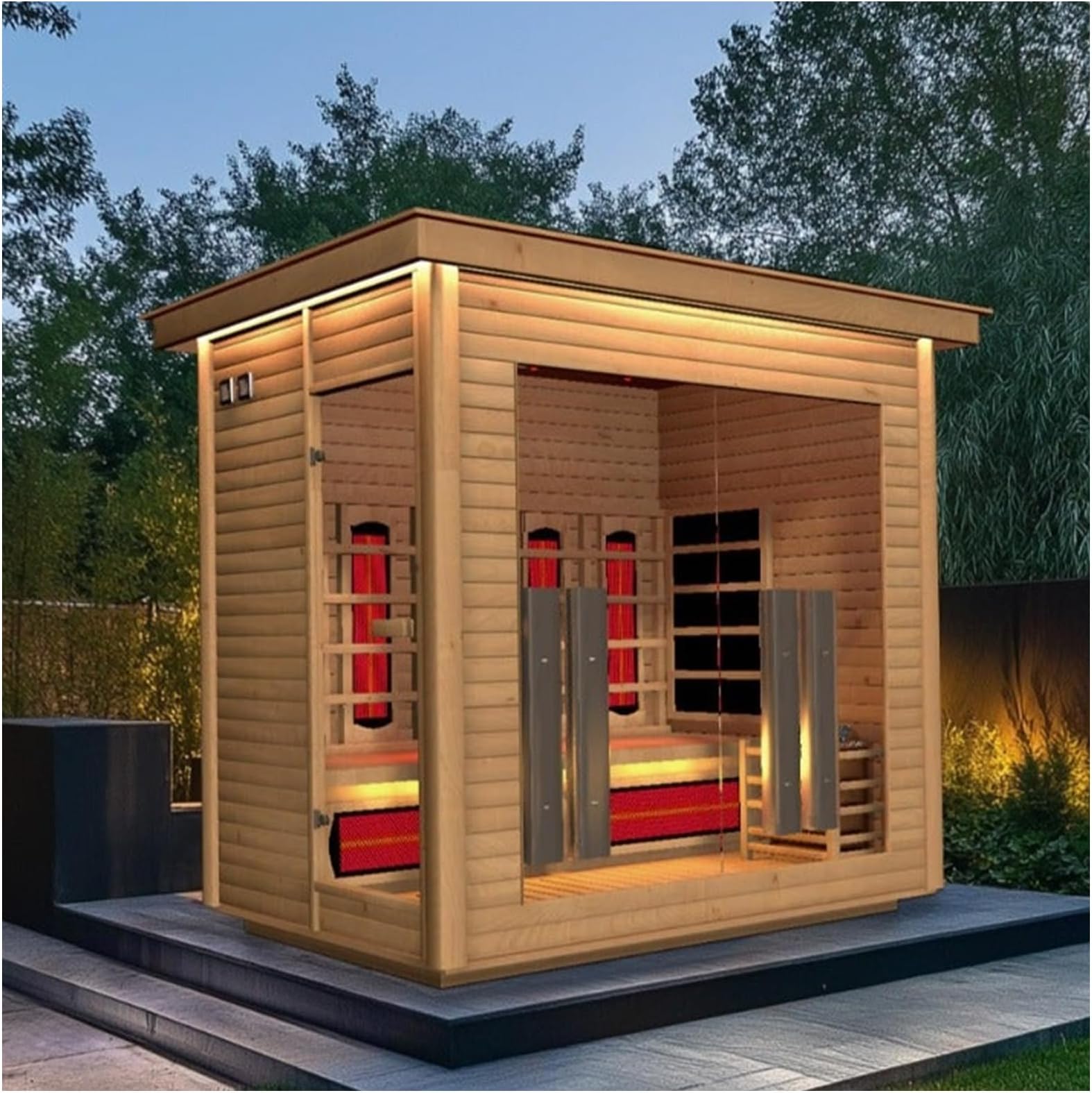 4-5 Person Hybrid Home Wood Sauna, Outdoor WiFi Control Traditional Hemlock Steam & Far Infrared Saunas Spa Room with 11 Full Spectrum Red Light Heating Tubes & Electric Stove, Accessories, Leftdoor