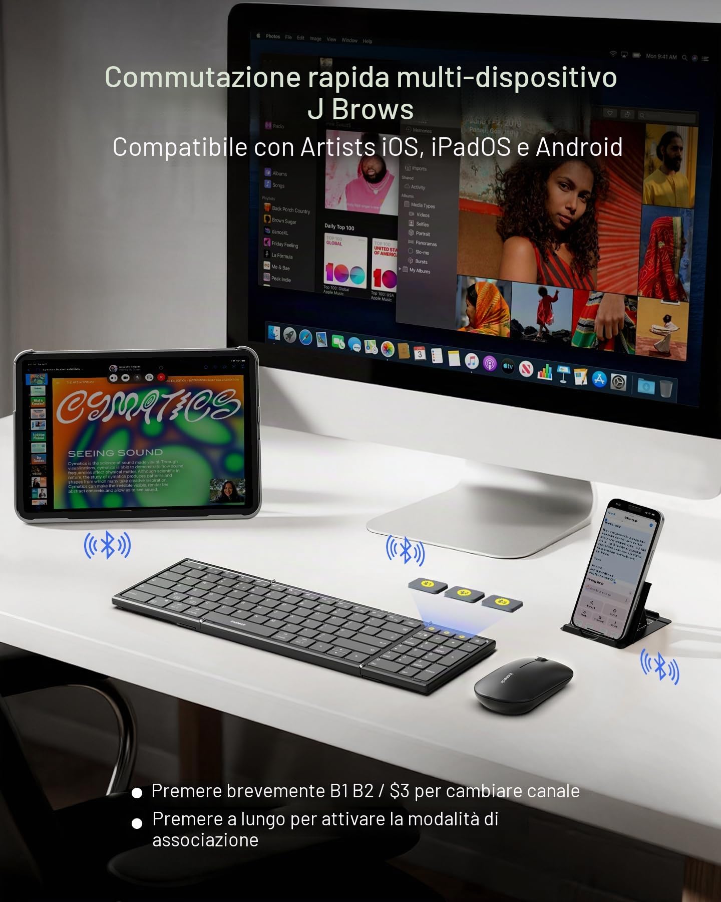 Inateck Tastiera pieghevole wireless con tastierino numerico, tastiera pieghevole Bluetooth multi-dispositivo con funzione intelligente AI, design portatile per iPad/iPhone/Android/Windows/Tablet, con
