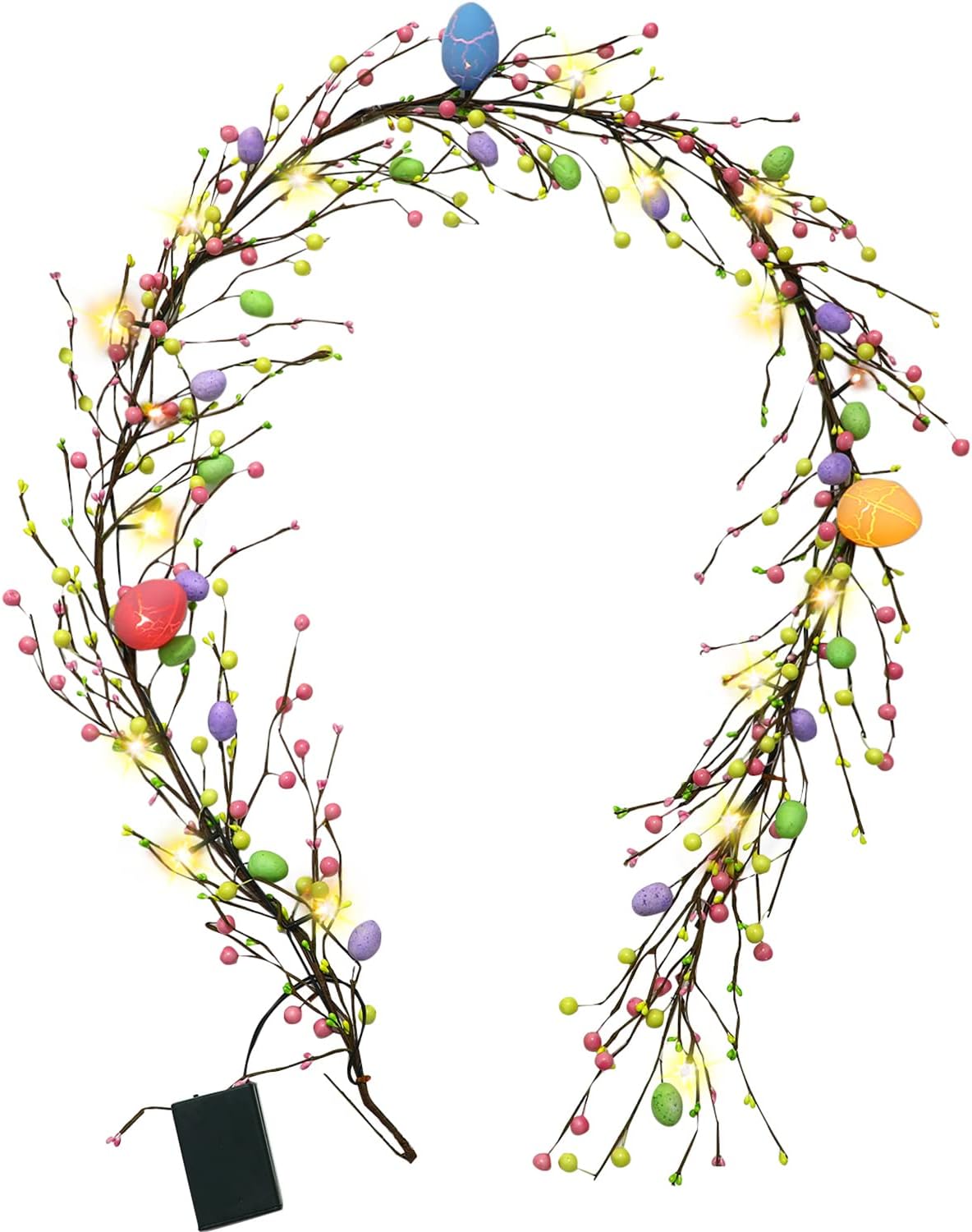 FOIMAS 6ft Lighted Easter Garland,Artificial Egg Hanging Garland with Lights Pip Berries for Easter Spring Party Fireplace Mantle Decoration Supply