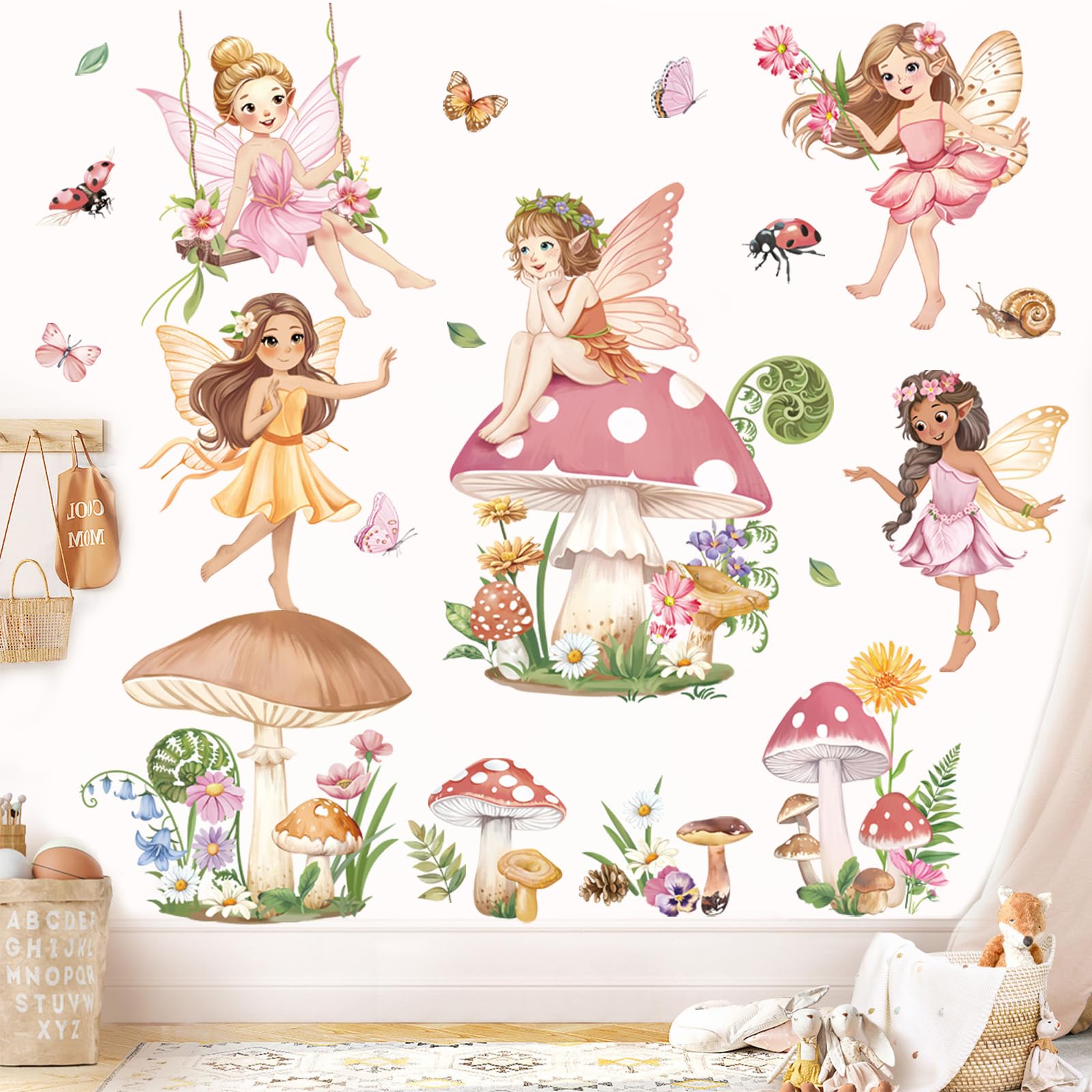 decalmile Pink Fairy Girls Wall Decals Large Mushroom Flower Butterfly Wall Stickers Girls Bedroom Baby Nursery Kids Room Wall Decor - Image 2