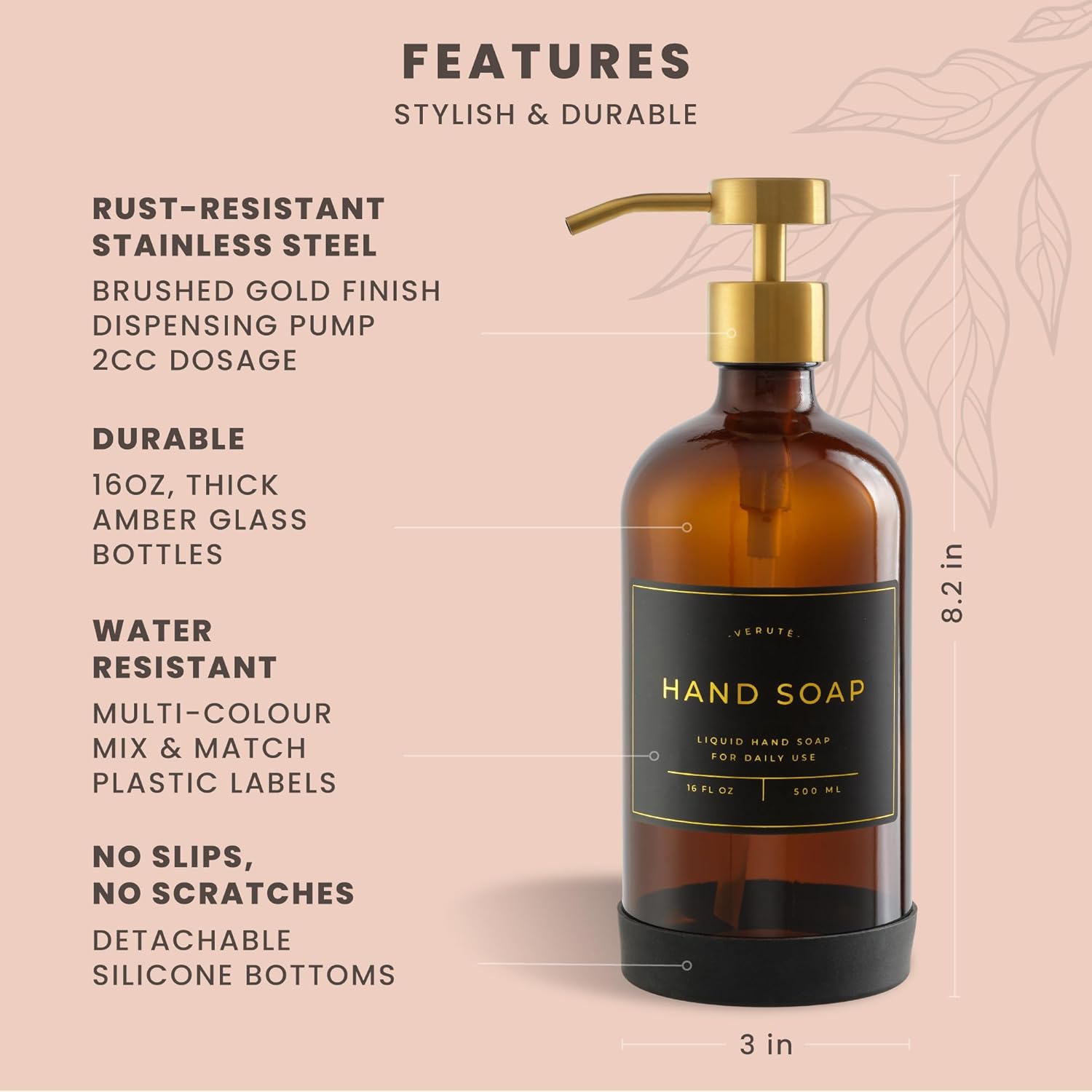 Hand and Dish Soap Dispenser for Kitchen and Bathroom, Set of 2 16 Oz Glass Bottles, Stainless Steel Pumps, Non-Slip Silicone Base, 27 Waterproof Labels (Amber Bottle/Brushed Gold Pump) - Image 6