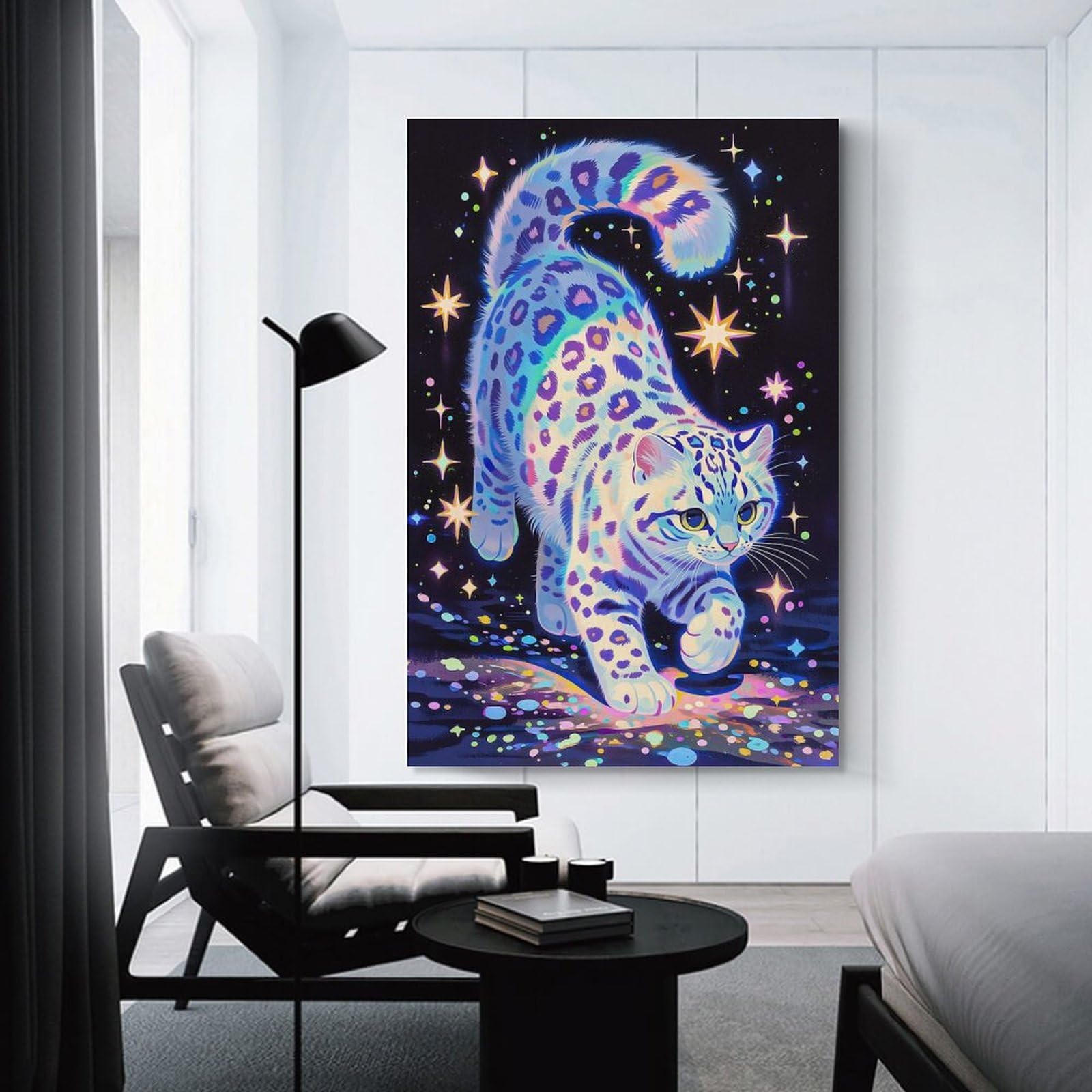 Junmoney Unframe-Style-20 Hanging Wall Art Rainbow Snow Leopard In Starry Night, 16X24inch(40X60cm), For Gallery Wall Layouts In Home Or Office, An Easy Match For Collected Prints
