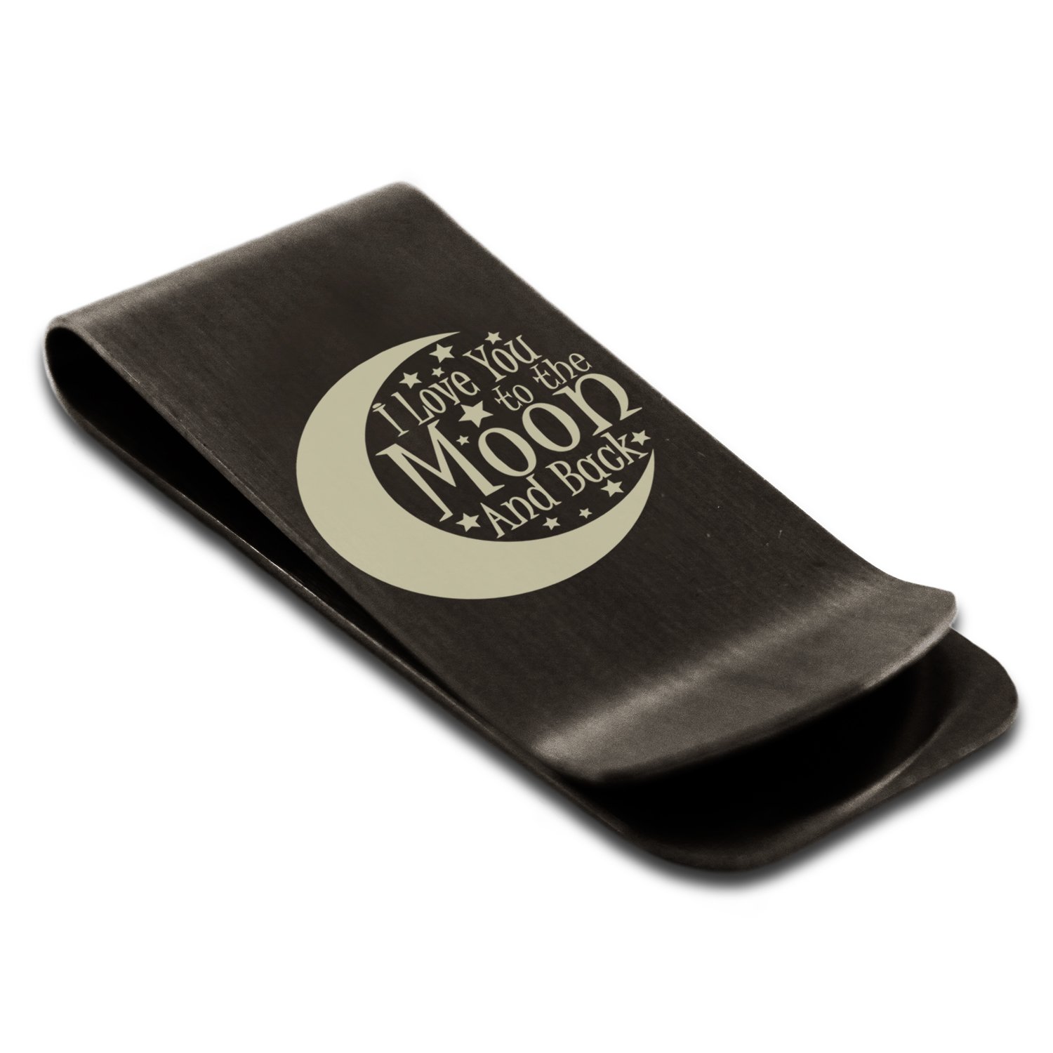 Tioneer Matte Black Stainless Steel Crescent I Love You to The Moon and Back Engraved Money Clip Credit Card Holder