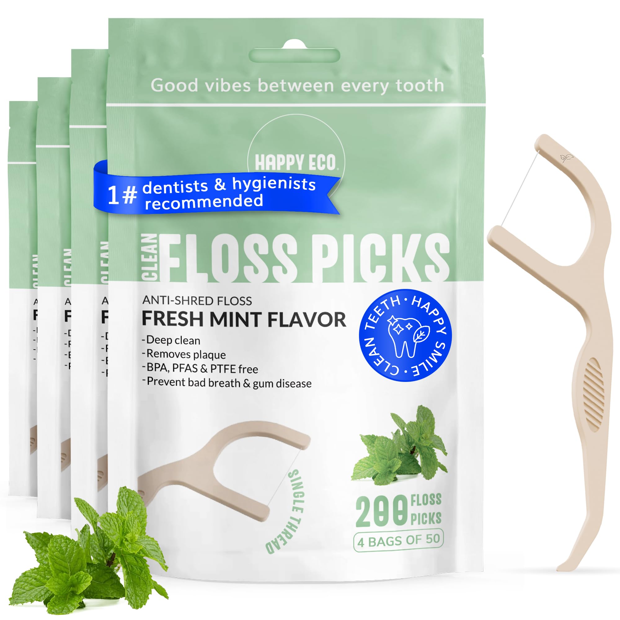 Dental Floss Picks 200pcs - Flossers for Adults Vegan Corn-Straw Handle Superior Oral Care Anti-Shred Thread Dental Hygiene