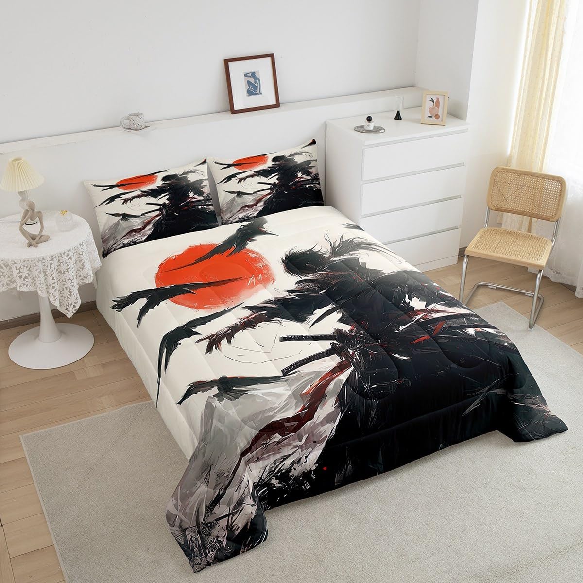 Castle Fairy Japanese Comforter Queen for Kids Adults Youth,Retro Watercolor Sunset Traditional Painting Quilt Comforter Room DecorRustic Japanese Style Quilted Duvet Duvet Insert,2 Pillowcases