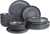 Famiware Starlight Dinnerware Sets, Plates and Bowls Dish Set of 4 12 Pieces, Ribbed Textured Tableware - Dishwasher & Microwave Safe, Chip Resistant, Reactive Glaze, Matte Midnight Grey
