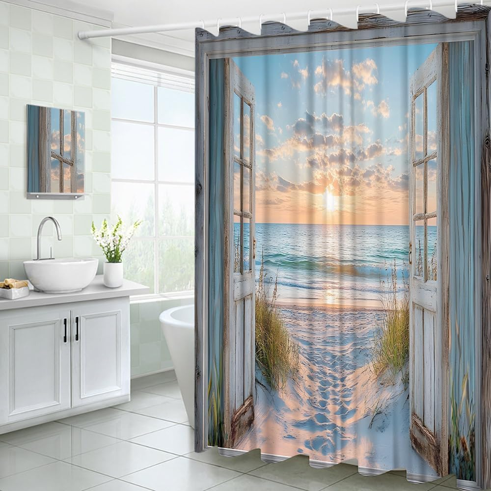 Beach Coastal Shower Curtain 48 x 88 in (120 x 220 cm) Teal Sunrise Seaside Seascape Nautical Shower Curtain Set Rustic Farmhouse Decor Bathroom Accessories Fabric Waterproof with Hooks