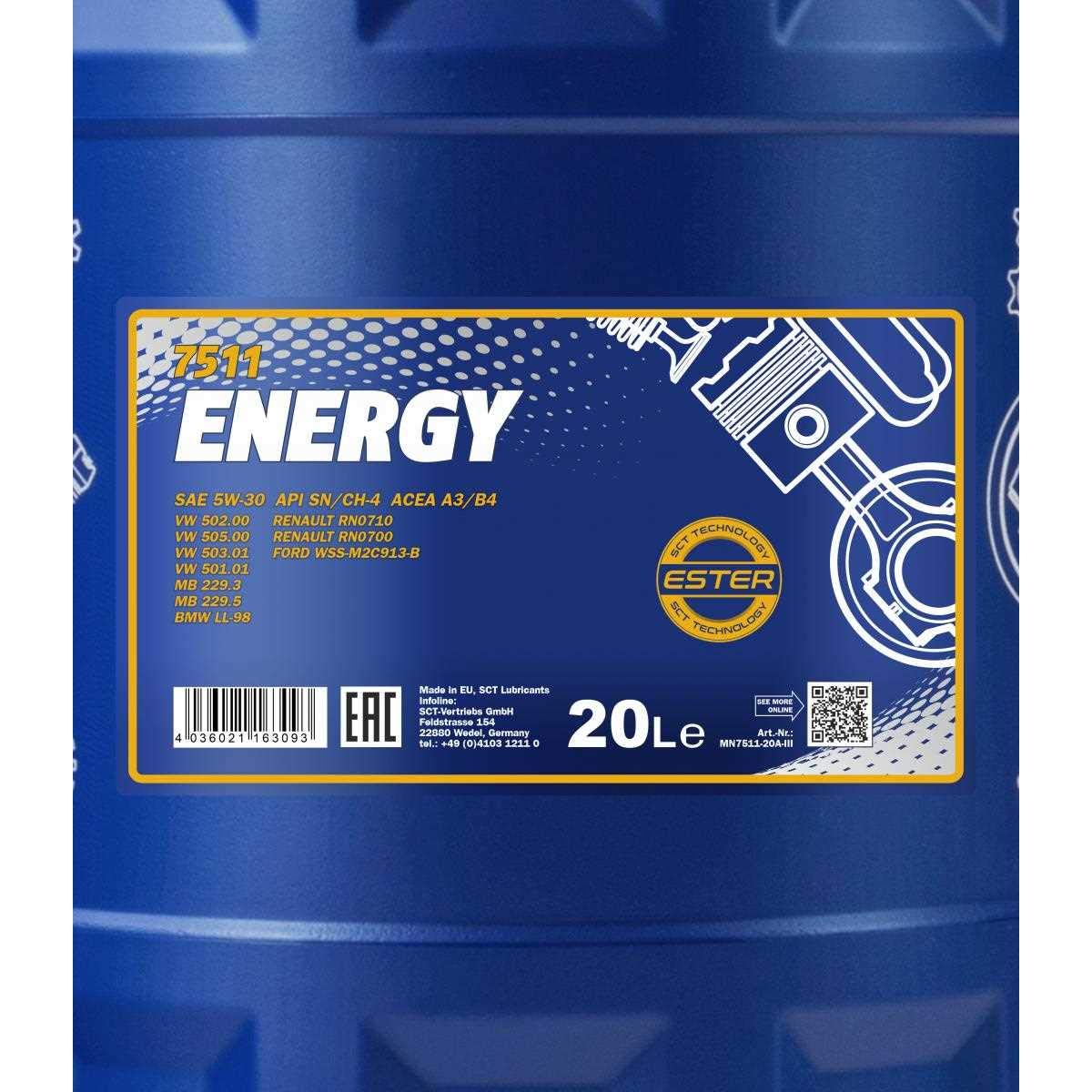 Mannol Energy 5W-30 API SL/CF - Aceite para motor (20 L)