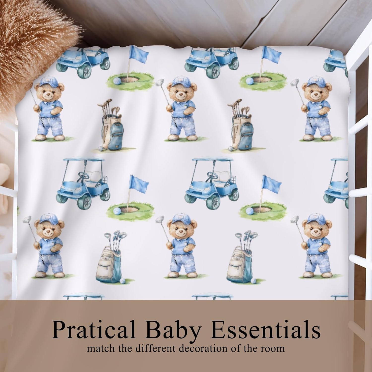 Cute Bear Golf Cart Blue Baby Crib Sheet for Boys Girls 52x28x9 in Bears Sport Golfing Flag Club Fitted Crib Mattress Cover for Standard Crib and Toddler Outdoor Sports Bed Sheet Animal One Size