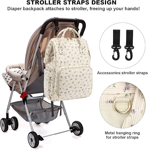 Miniatura 6 de Pañalera de pana para bebés, niñas y niños, bolsas de pañales grandes para mamá (pana beige floral morado)