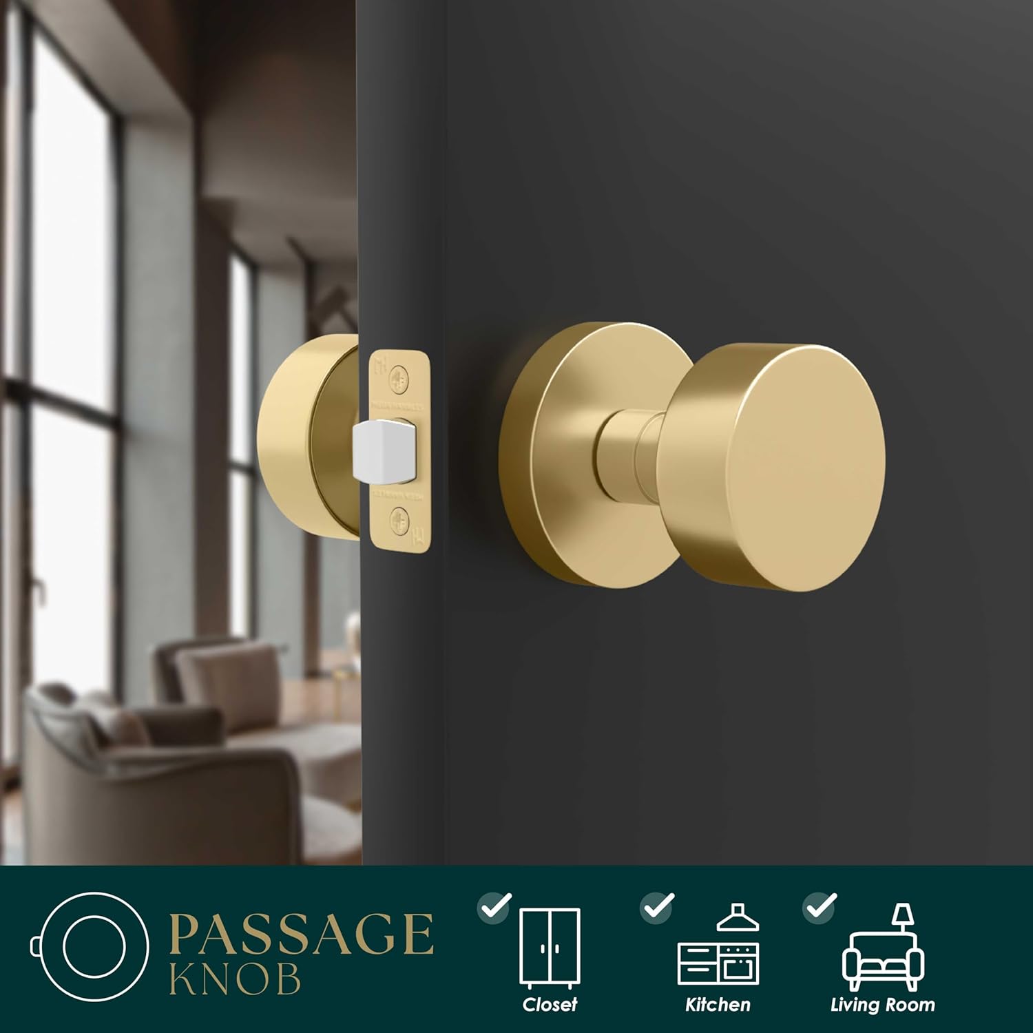 Mega Handles Buena Passage Door Knobs - 1 Pack Reversible Interior Door Knobs, Heavy Duty Passage Gold Door Knob for Closet & Hallway, No Lock, Fits All Standard Door Sizes - Satin Brass