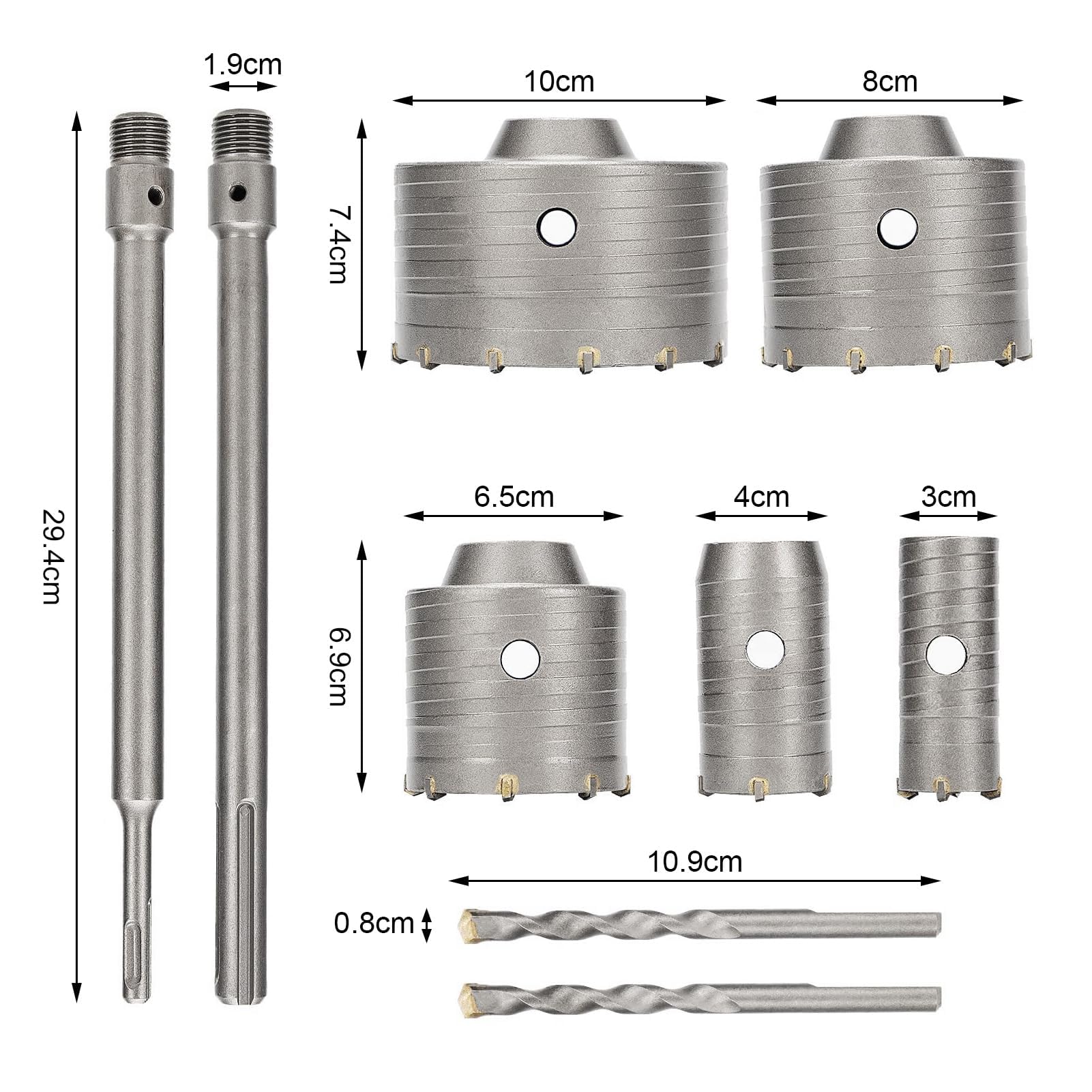9 sztuk otwornic do betonu z trzpieniem 30 mm, 40 mm, 65 mm, 80 mm, 100 mm, otwieracz do otwornic, zestaw do precyzyjnego i łatwego wiercenia w betonie, dla pracowników budowlanych, do prac domowych