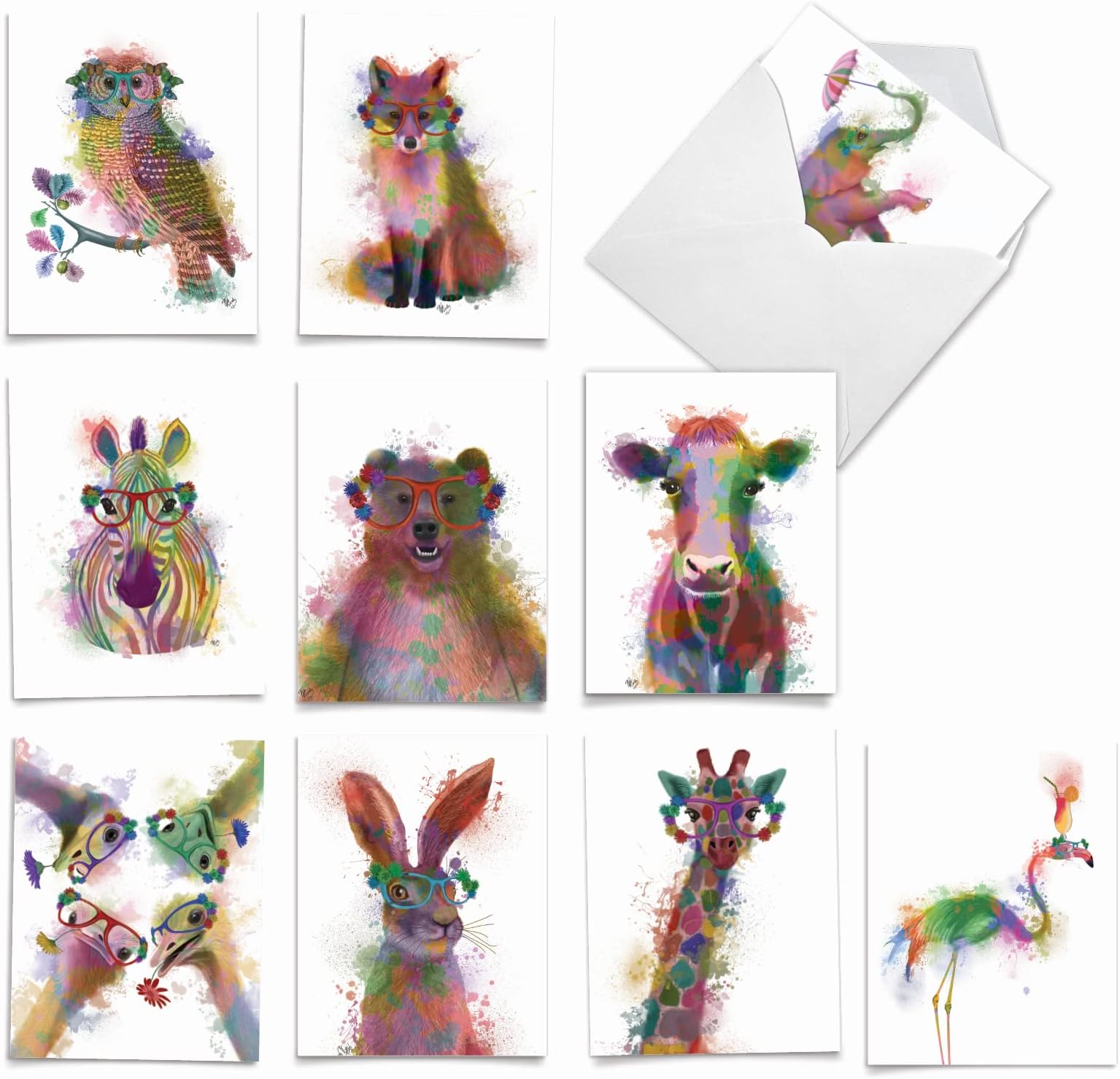 The Best Card Company - 10 Unique Blank Watercolor Animal Note Card Box Set 4 x 5 Inch + Envelopes (10 Unique Designs) Greeting Cards, Camp Stationery, Funky Rainbow Wildlife M4948OCB-B1x10-NB