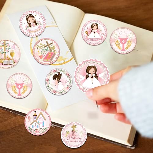 Miniatura 6 de Calcomanía de niña de la primera comunión, con texto en inglés "Thank You for Coming to My First Communion", calcomanía rosa con cruz religiosa para