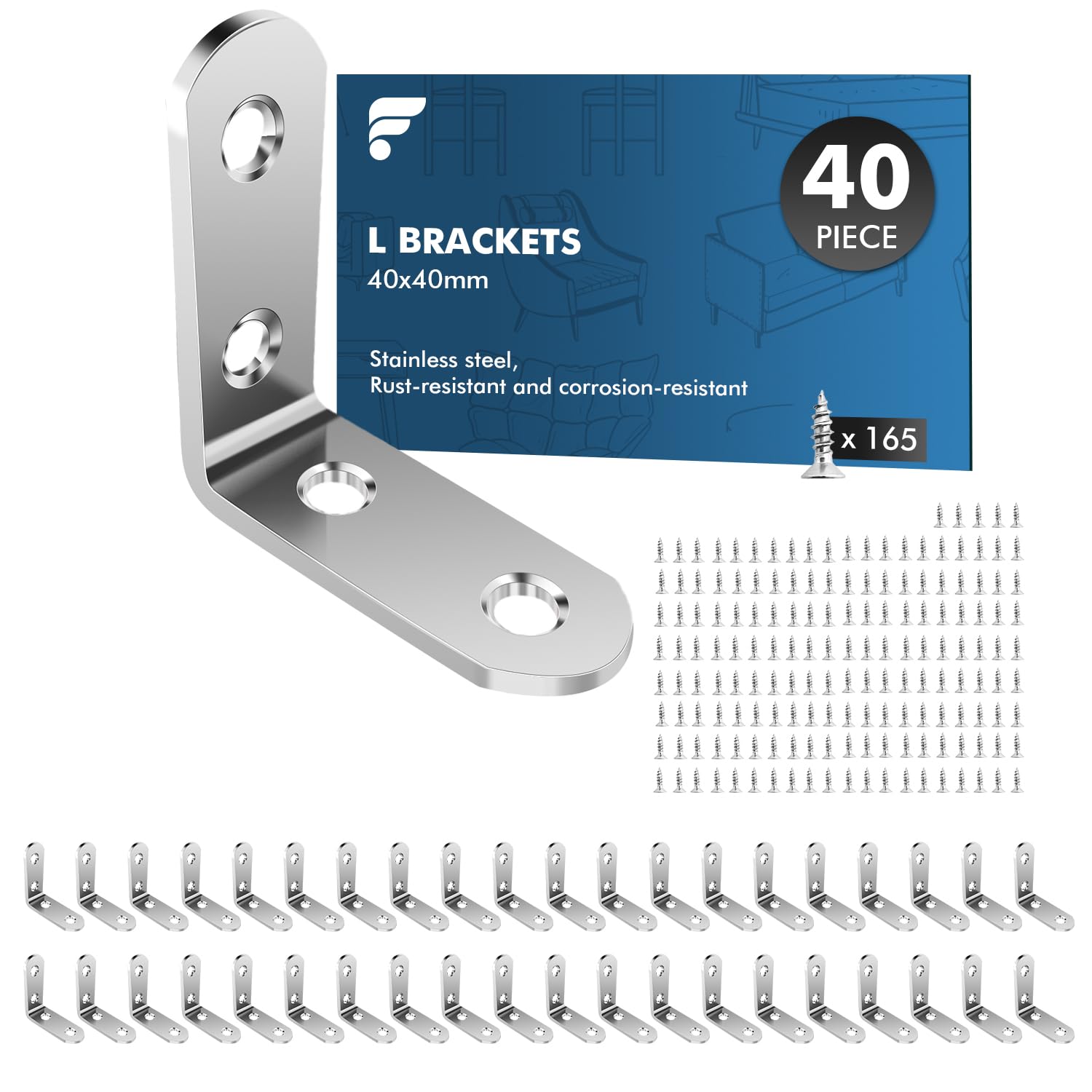 – Angle Brackets 40 Pcs, L Brackets for Wood with 165 Pcs Screws, 40 x 40mm Corner Metal for Wood for Furniture Shelves Chair Table Window