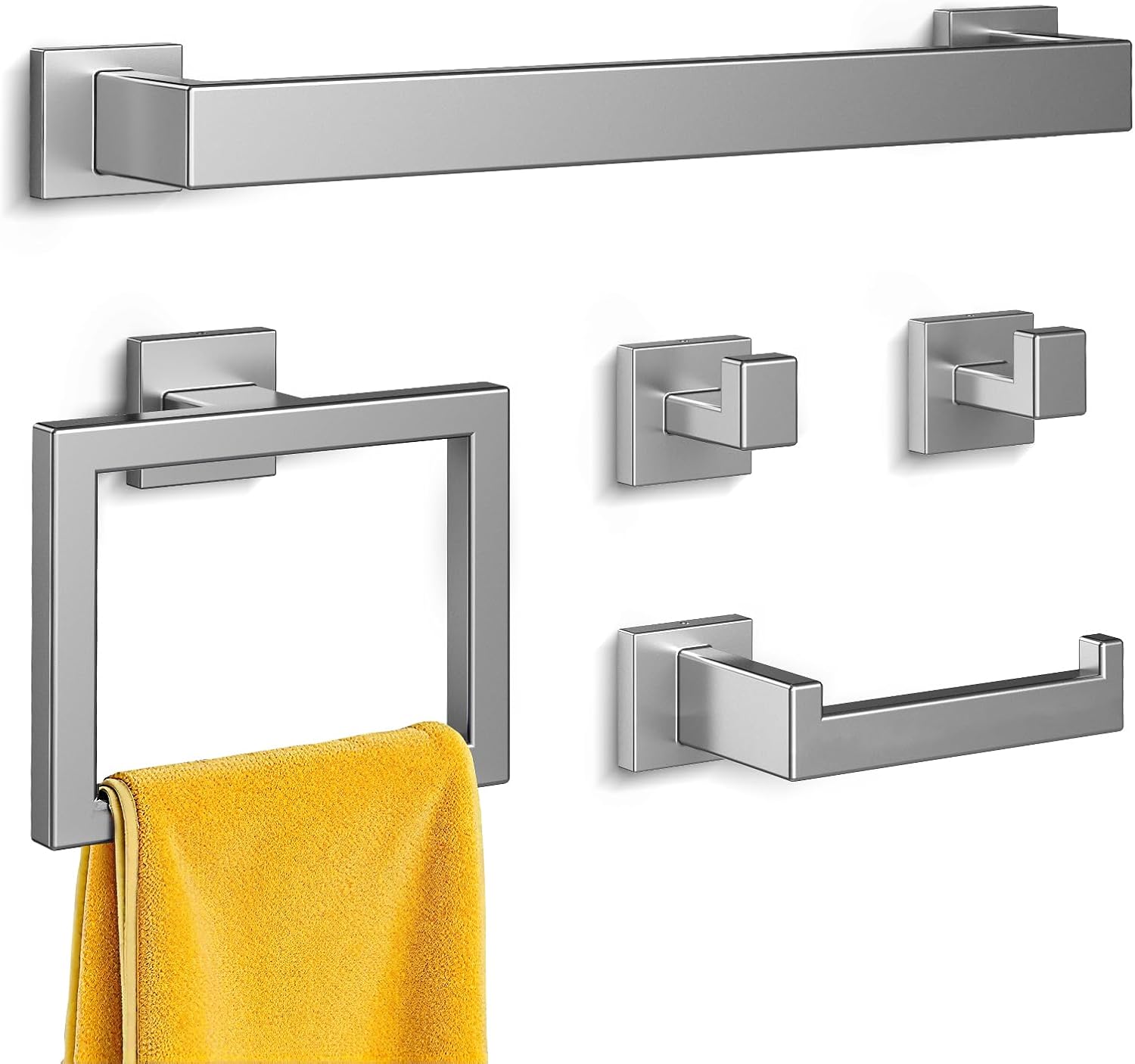 Kitsure 5-Pieces Bathroom Hardware Set & Accessories, Rustproof Towel Racks for Bathroom Wall Mounted, 16" Towel Bar, Toilet Paper Holder, Ring & 2 Hooks, Brushed Nickel