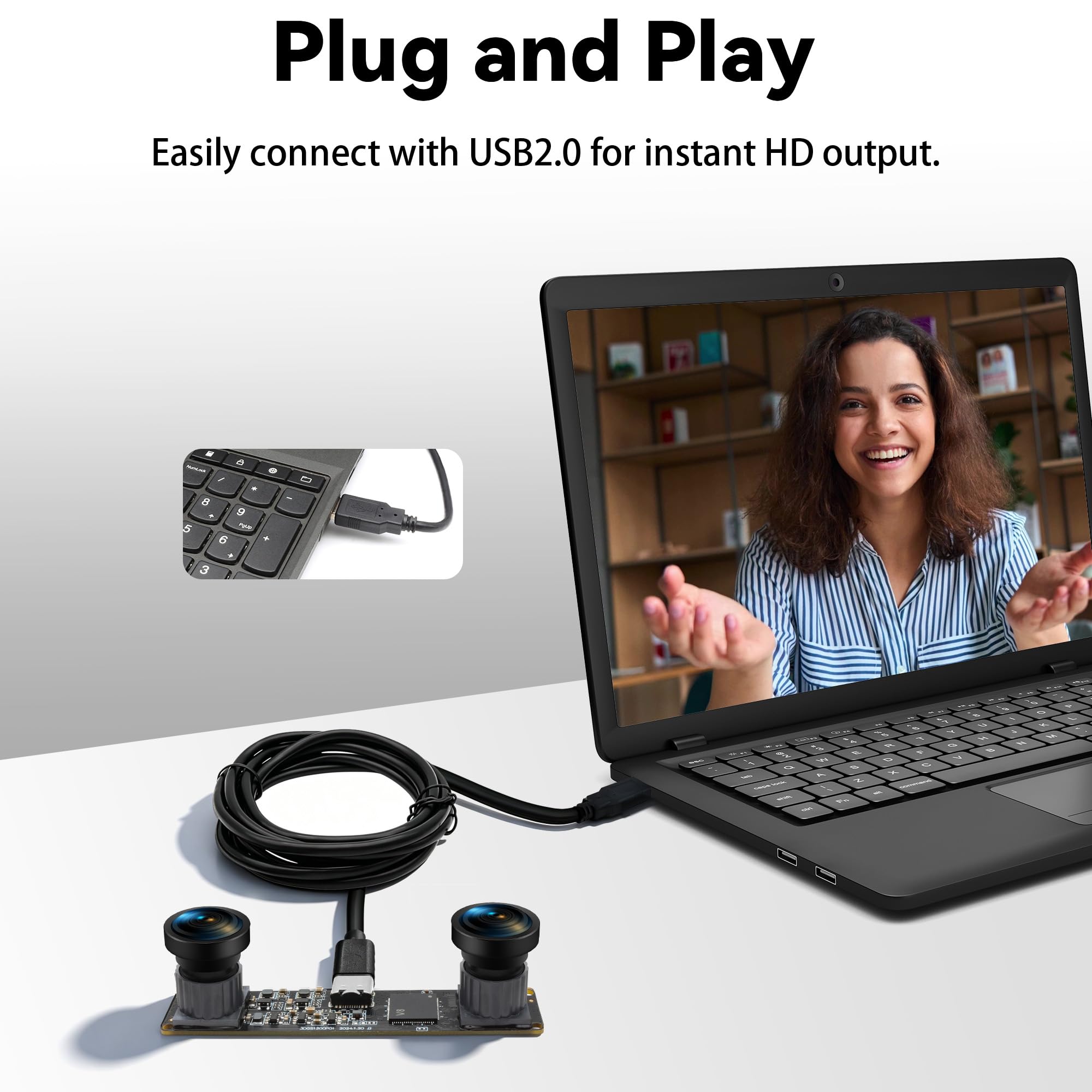 Cámara USB con obturador global de 1200P | Lente dual estéreo 3D VR de alta velocidad de 120 fps | Cámara de sincronización gran angular sin distorsión para robótica, reconocimiento facial y