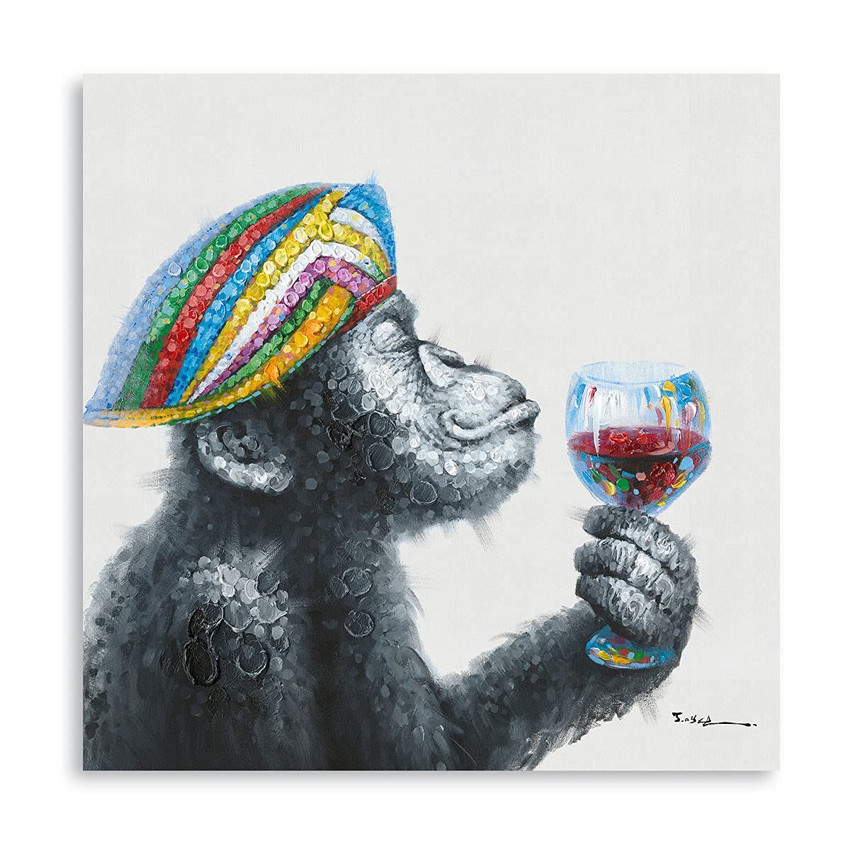 YidepotYidepot Chimp Wine Canvas Wall Art: Handpainted Monkey Decor Wearing Colorful Funky Hat Hanging Wine Glass Painting for Boys' Bedroom Framed Ready to Hang (12"x12"x1 Panel)