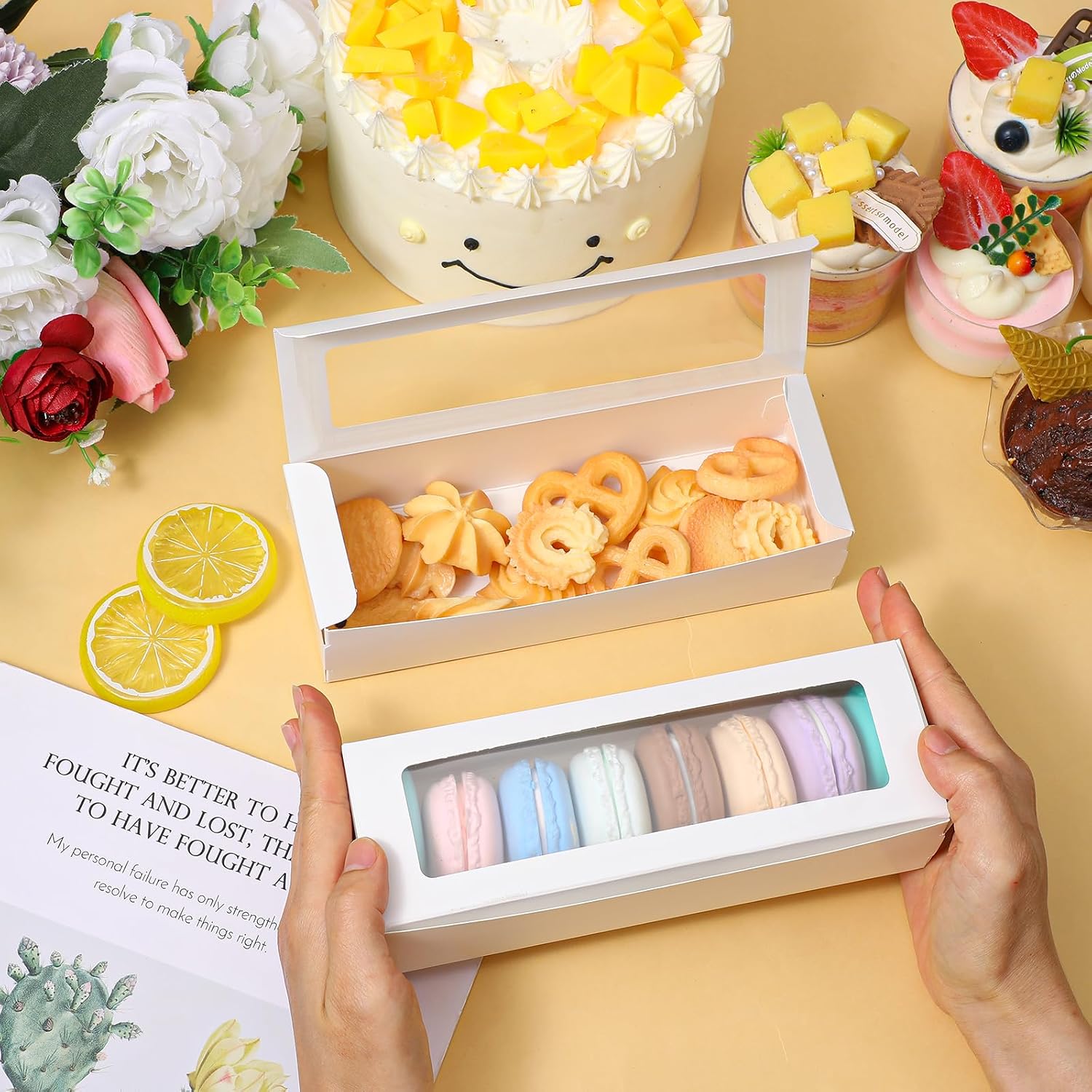 50 Pcs Macaron Boxes with Window, White Bakery Boxes with 100 pc Stickers, Cookie & Dessert Gifts Containers for Chocolate Covered Strawberry, Truffle, Donuts, Pastry, Wedding Gift