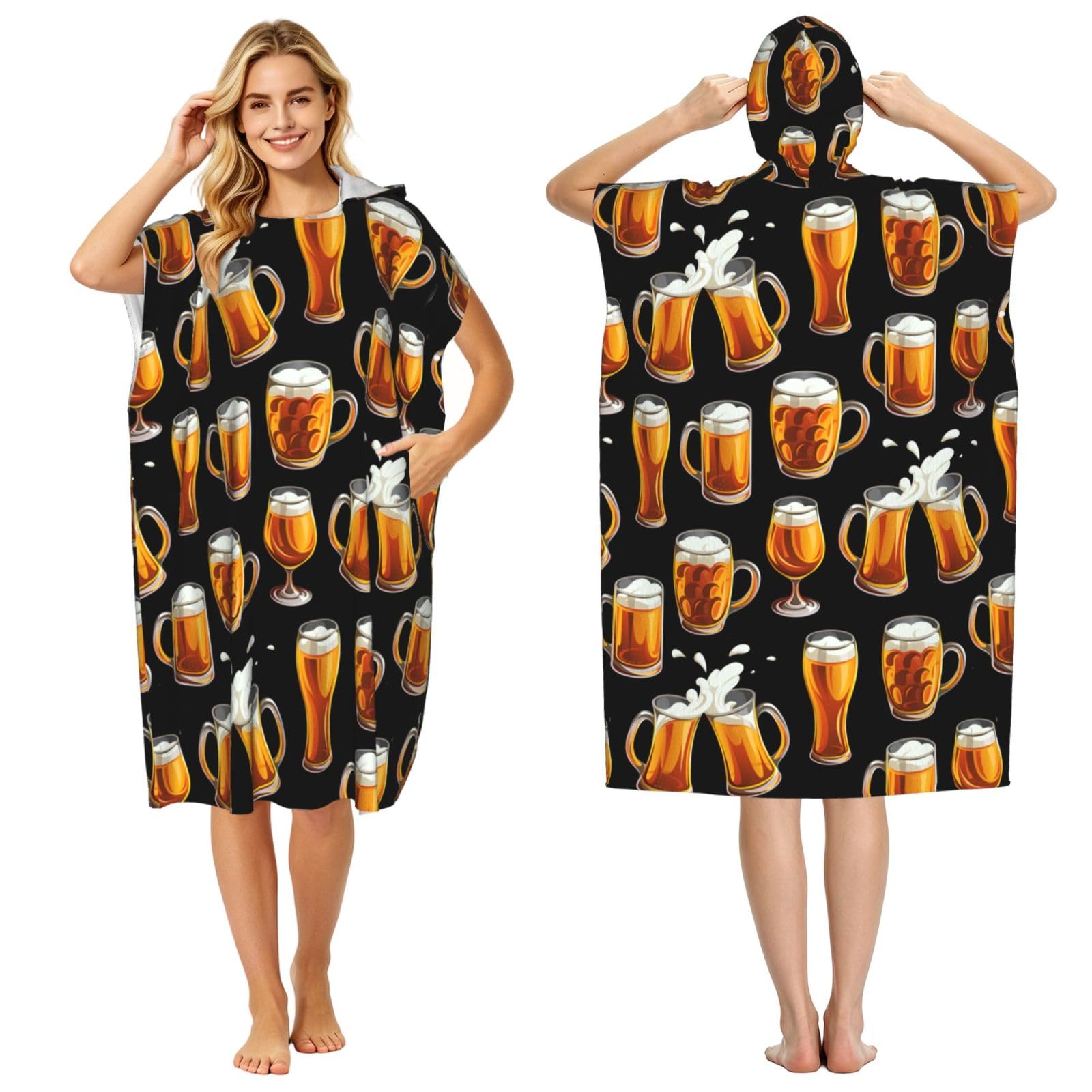 Poadnly Beer Glass, Adult Hooded Beach Towel 90 x 110 cm,Changing Bath Robe, Surf Poncho Towel For Women Men