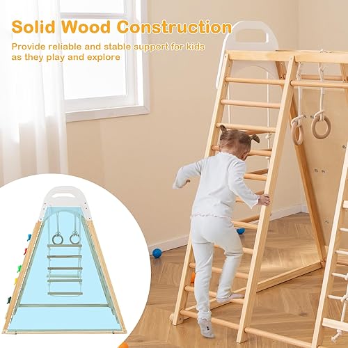 Miniatura 4 de HONEY JOY Gimnasio de la selva interior 8 en 1, juego de escalador de madera con columpio, tobogán, pared de roca escaladaredescalera, barras de