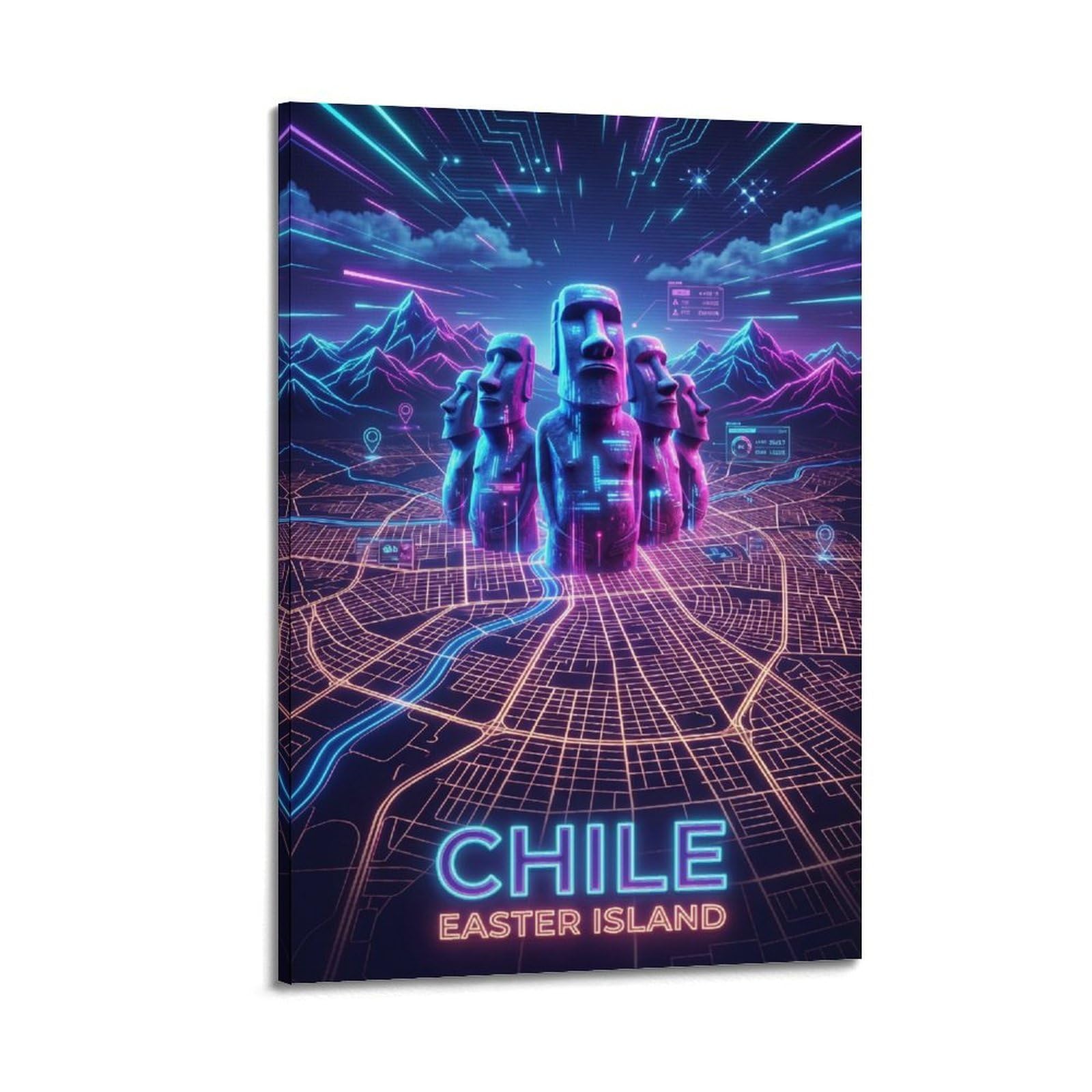 XKUGA Easter Island Chile Travel Poster Moai Statues Neon Modern Decorative Canvas Prints - Ideal Wall Art for Family, Man Cave, Game Room, Boys & Girls Bedroom 16x24inch(40x60cm)