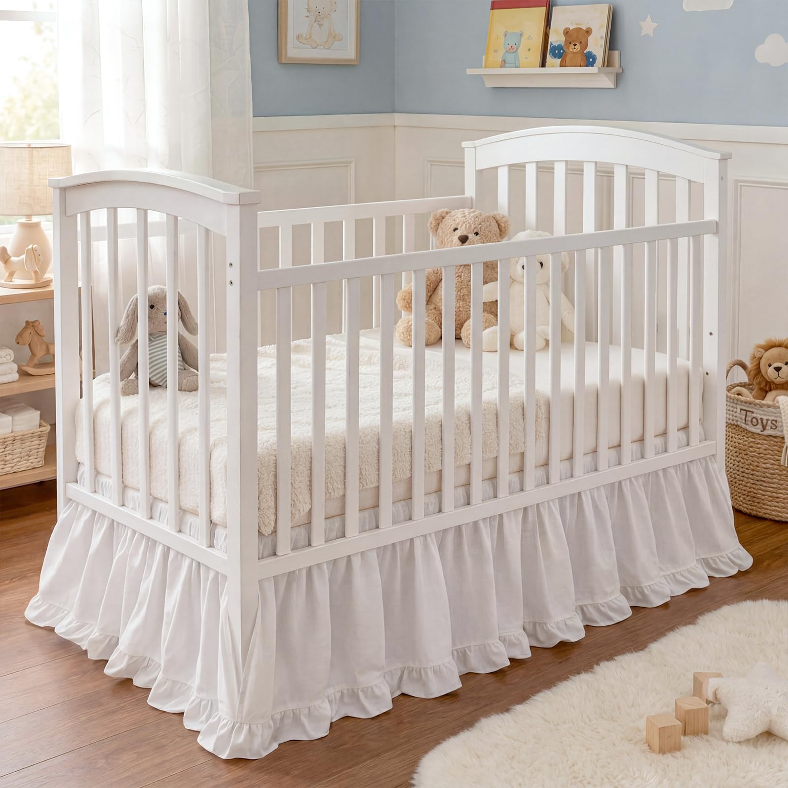 Hahafelt White Crib Skirt for Baby Girls Boys, 100% Washed Cotton Bed Skirt