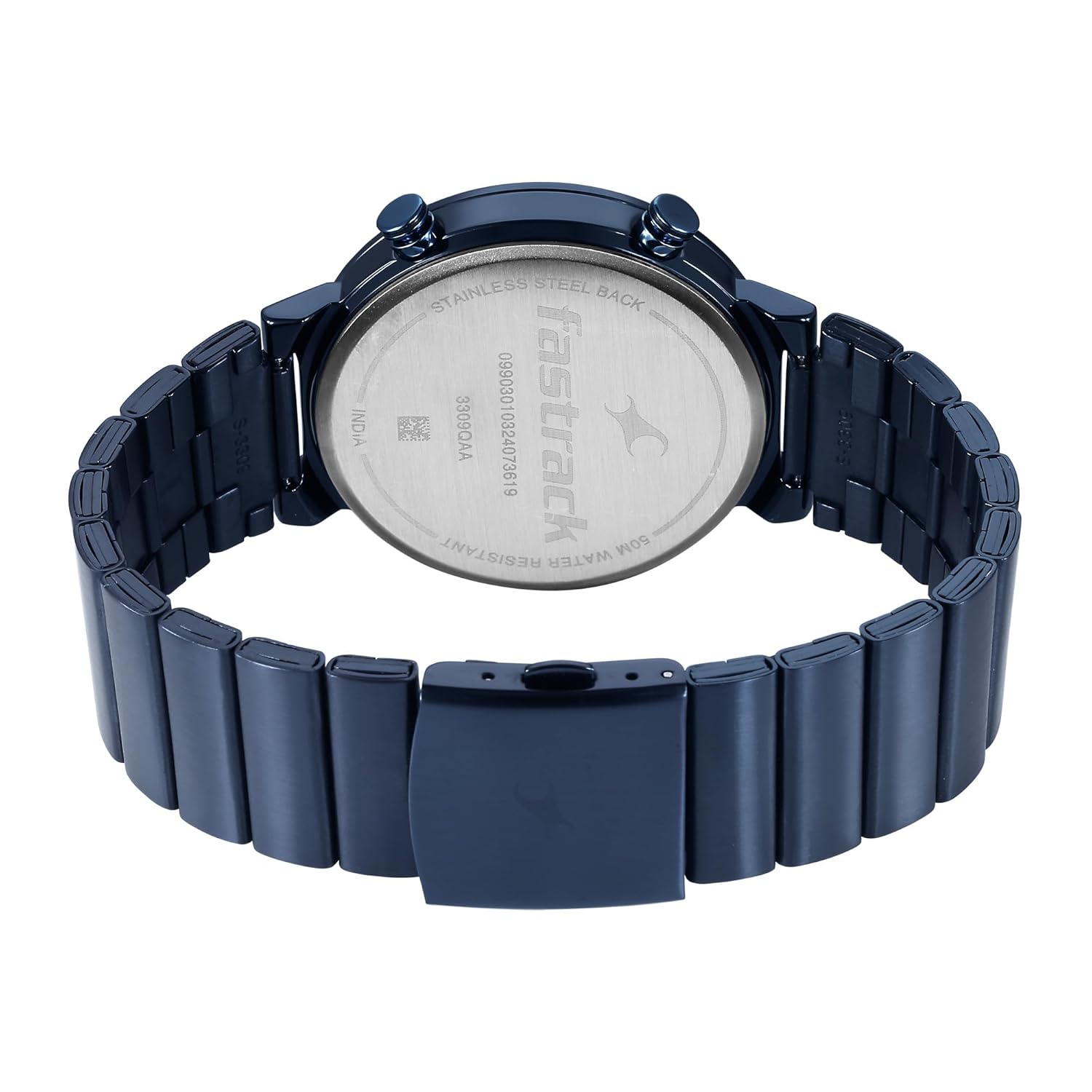 Back view of Fastrack Gambit watch showing water resistance marking