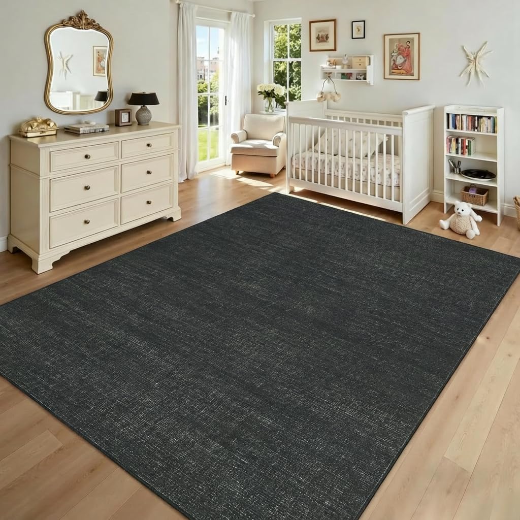 Garvee 8x10 Black Rug for Bedroom Machine Washable Area Rugs with Non Slip Backing, Non Shedding Stain Resistant Minimalist Floor Cover Carpet Low Pile Ultra Soft Thin Accent Rug
