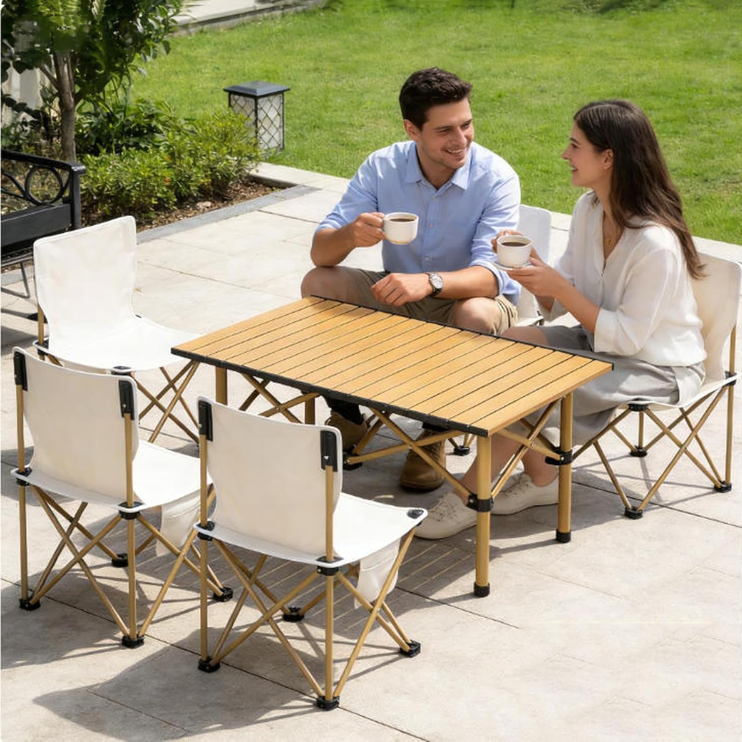 Folding Table and Chairs Set Portable Camping Picnic Set Egg roll Folding Beach Table with Carrying Bag for Outdoor Cooking,Picnic,Beach,Patio (Table+Chair*6PCS, Beige)