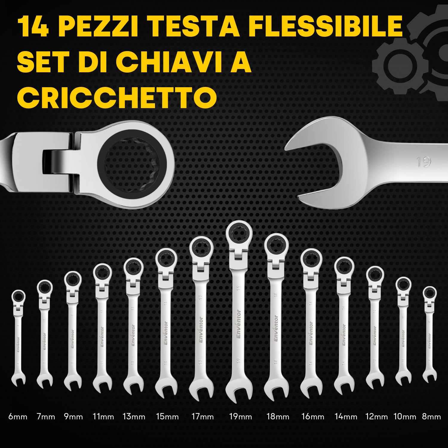 Enventor Set Chiavi a Cricchetto 14 Pezzi, Flessibile Chiave a Cricchetto da Metrico 6mm a 19mm, Acciaio al Cromo Vanadio, 72 Denti, Testa Rotante a 180°, Arco di Rotazione a 5°, Borsa